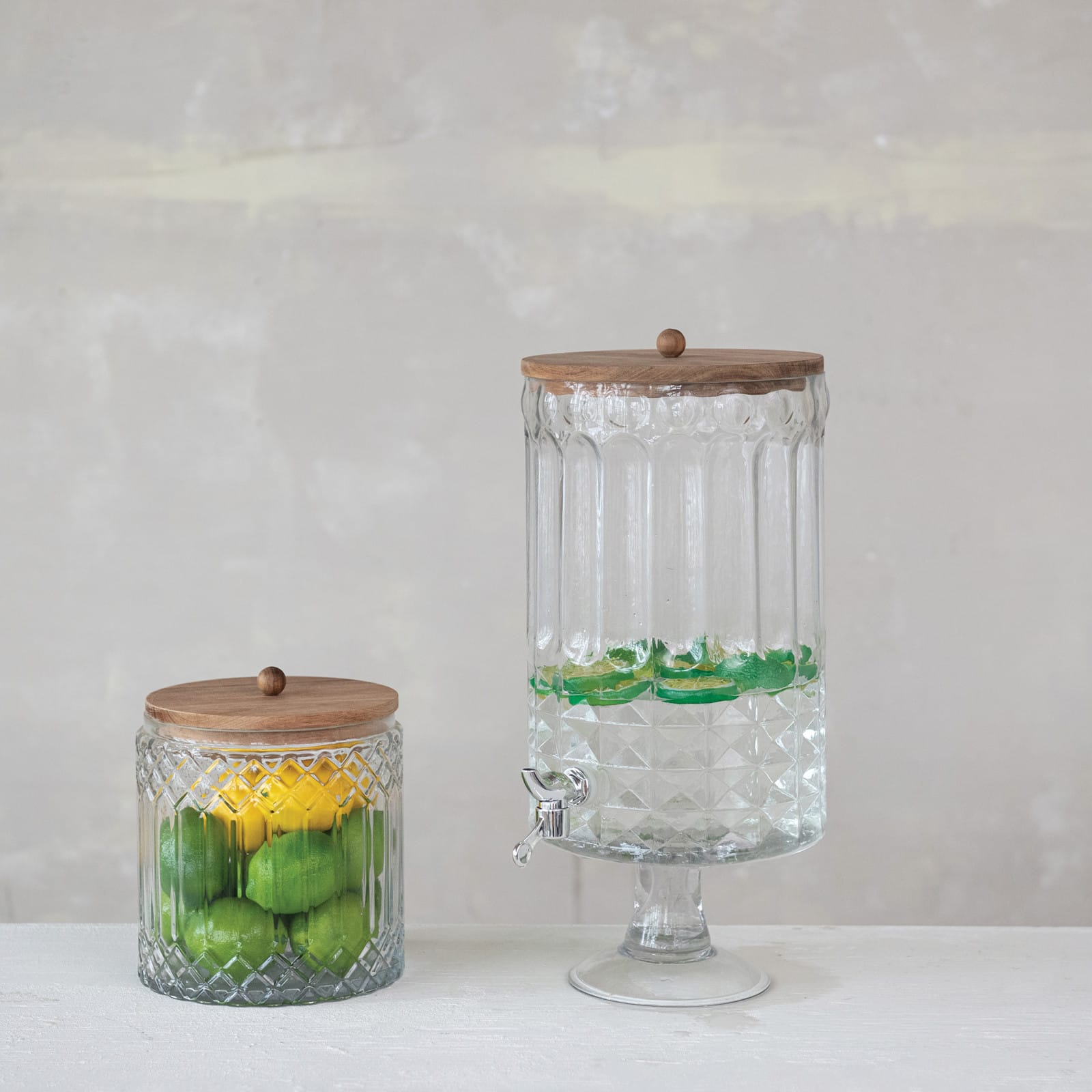 Hello Honey 8-Quart Cut Glass Beverage Dispenser with Plastic Spout and Acacia Wood Lid, Silver Color and Natural