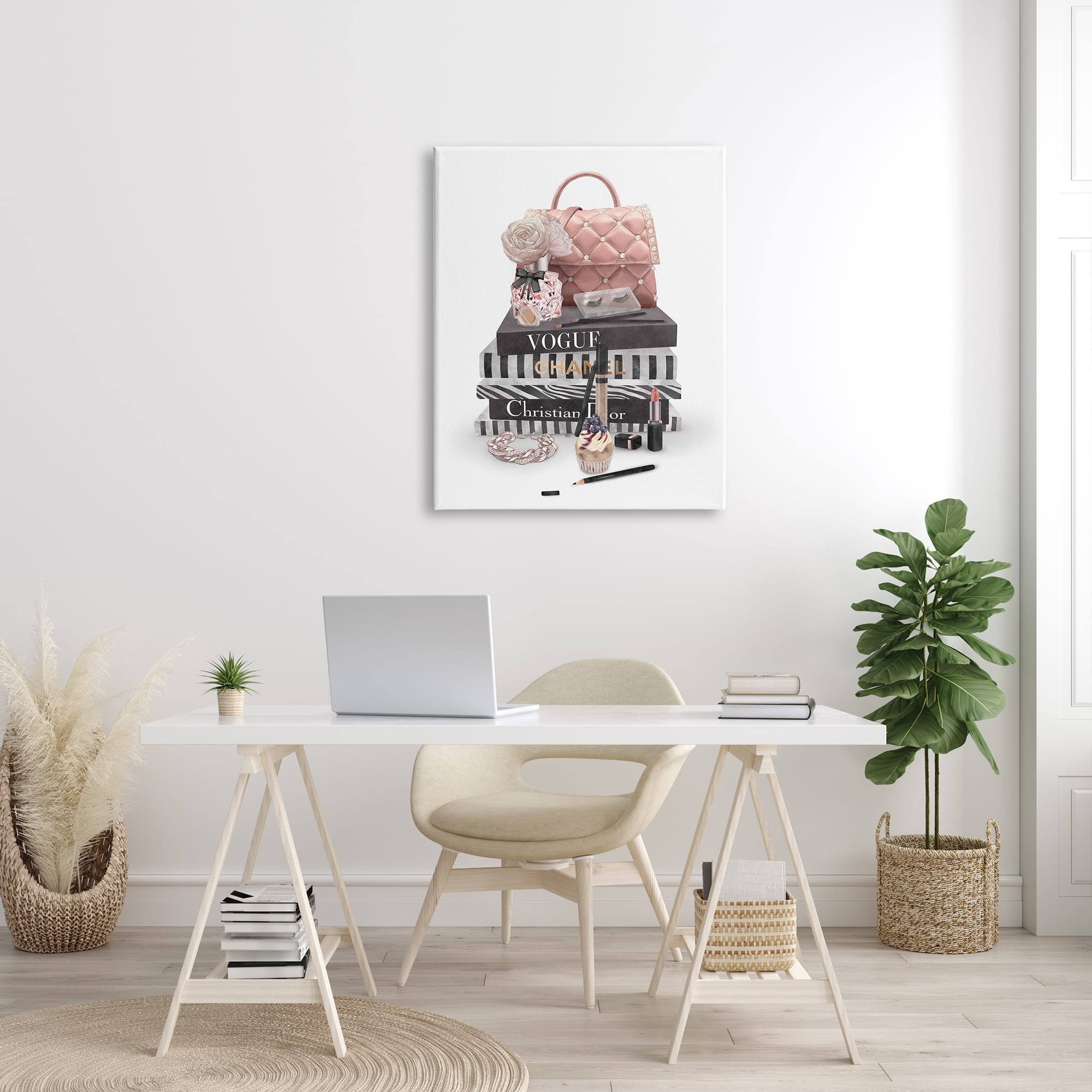 Stupell Industries Fashion Bookstack Purse Perfume Pink Glam Design Canvas Wall Art