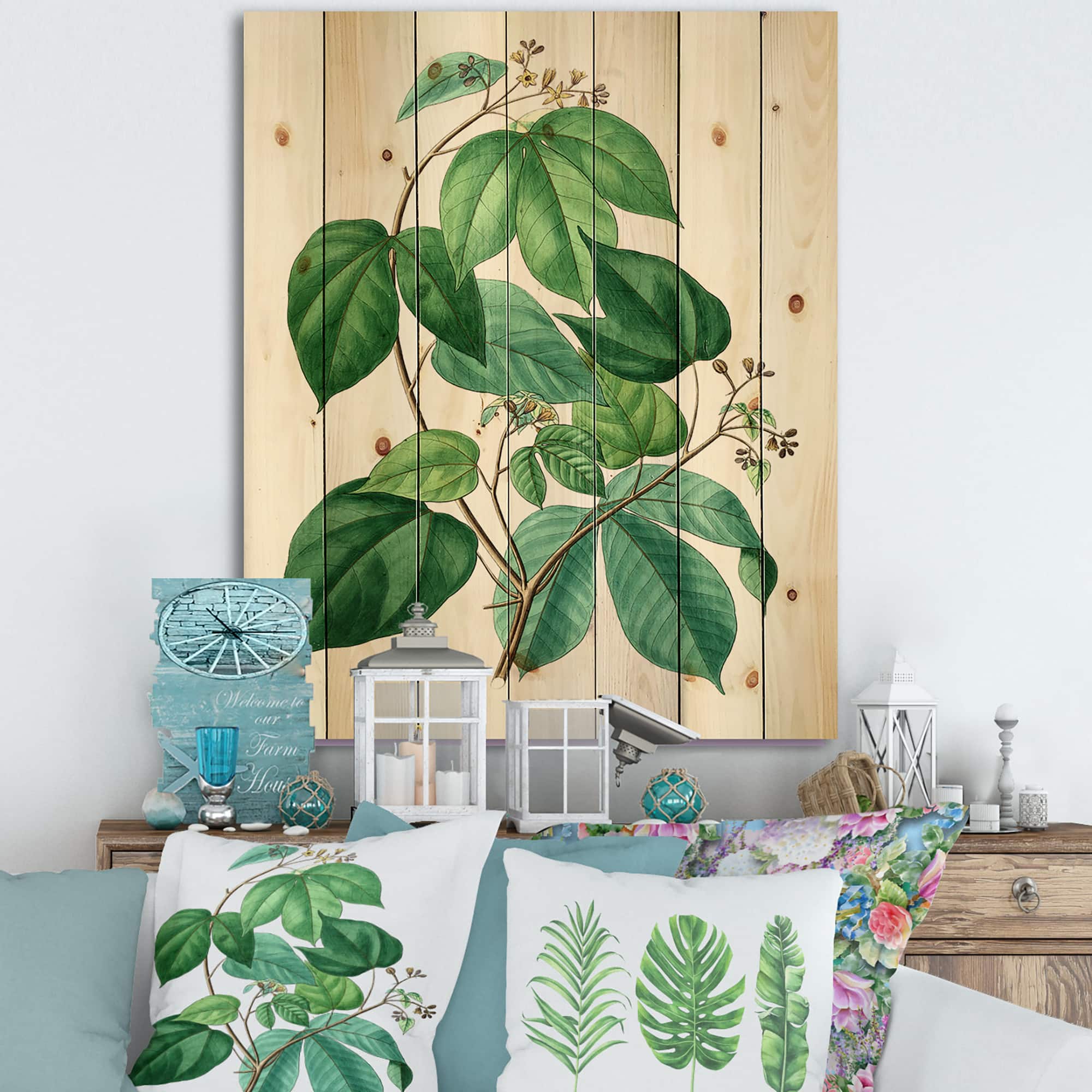 Designart - Vintage Green Leaves Plants III - Traditional Print on Natural Pine Wood