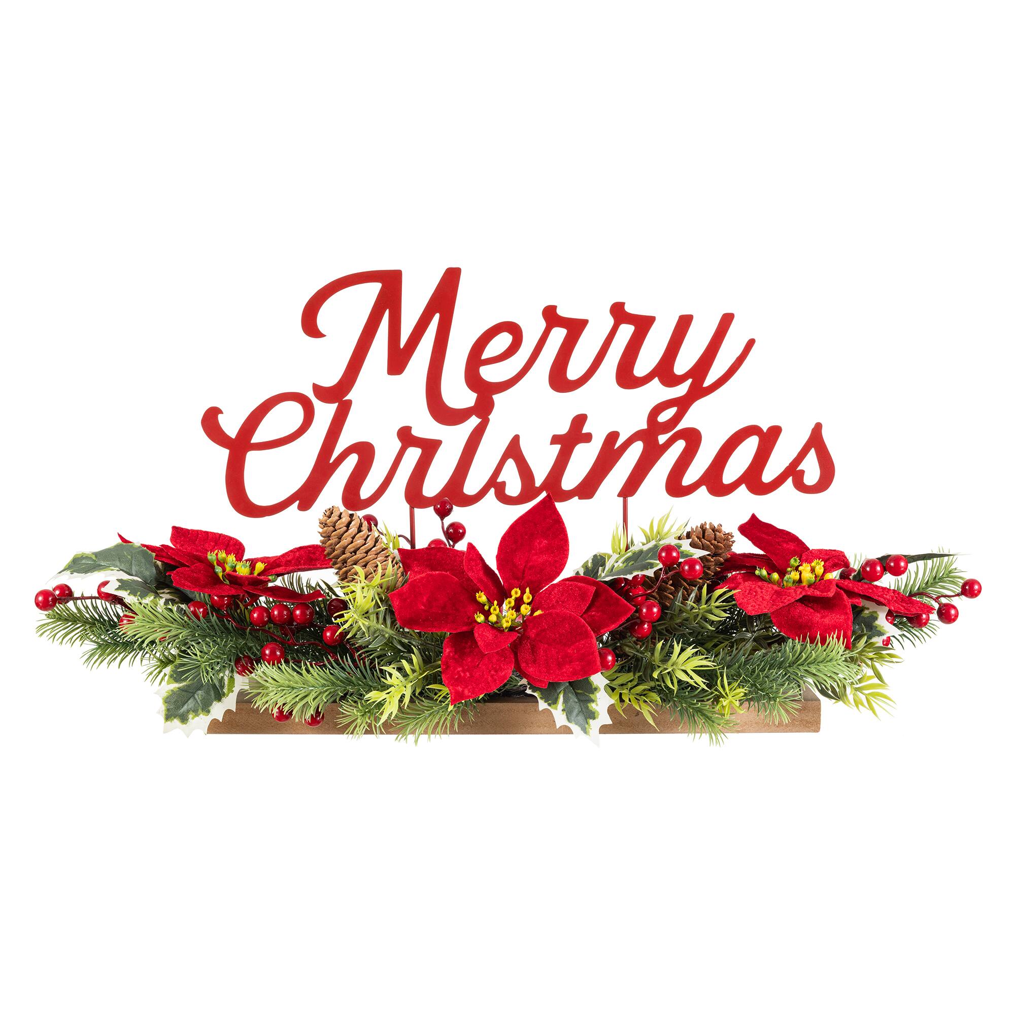 Glitzhome® 24" Metal "Merry Christmas" Poinsettia CenterPiece