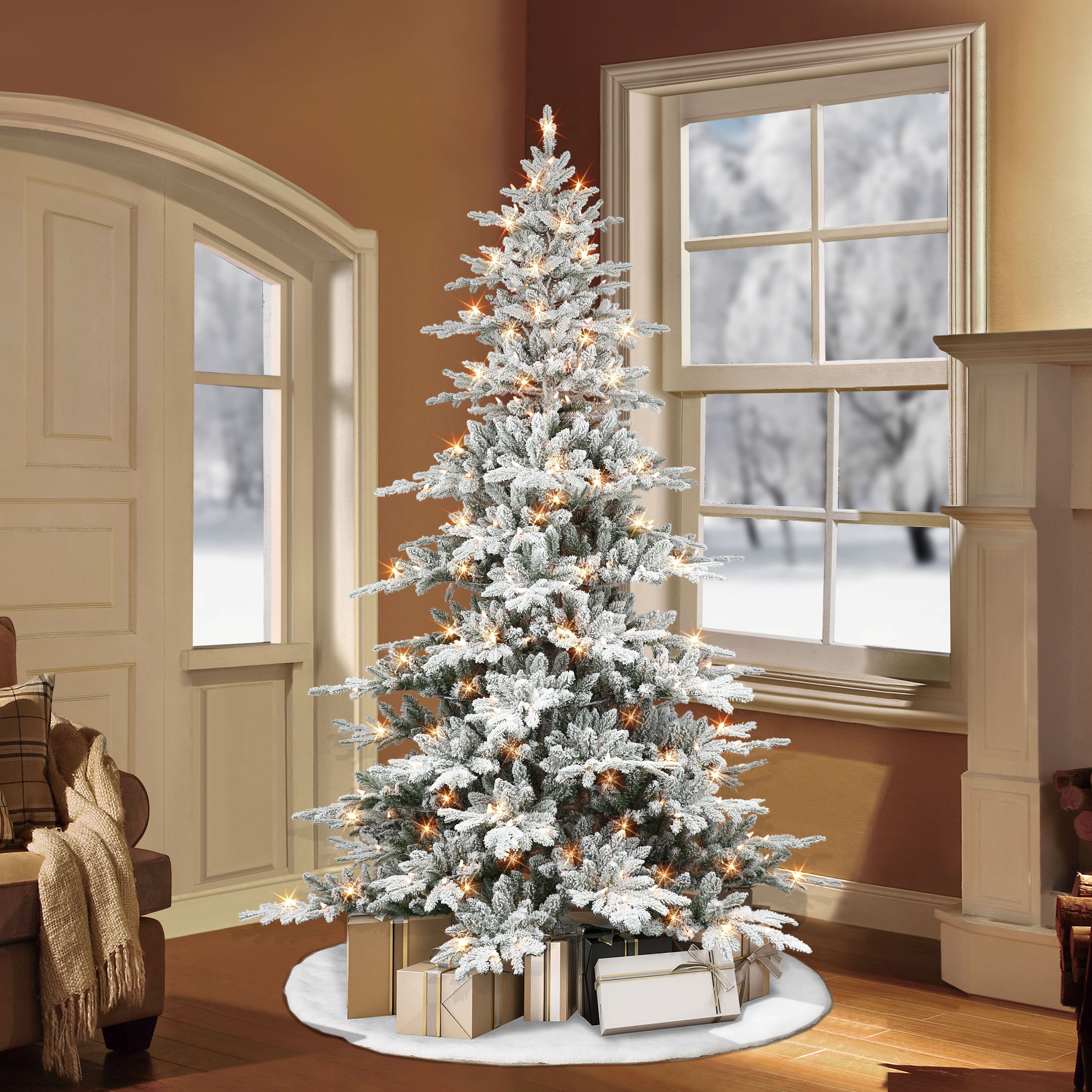 6.5ft. Pre-Lit Flocked Utah Fir Artificial Christmas Tree, Clear Lights