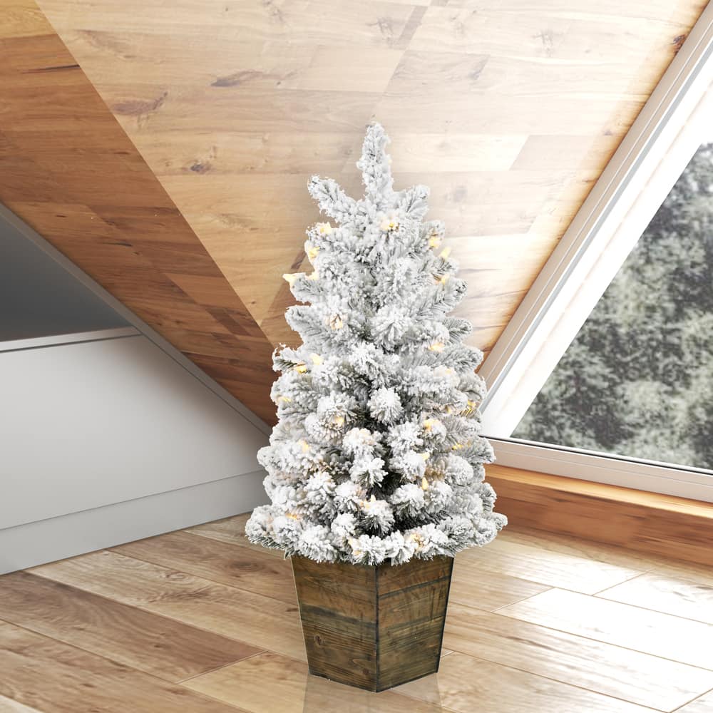 3ft. Pre-Lit Flocked Gifford Slim Potted Pine Artificial Christmas Tree, Warm White LED Lights