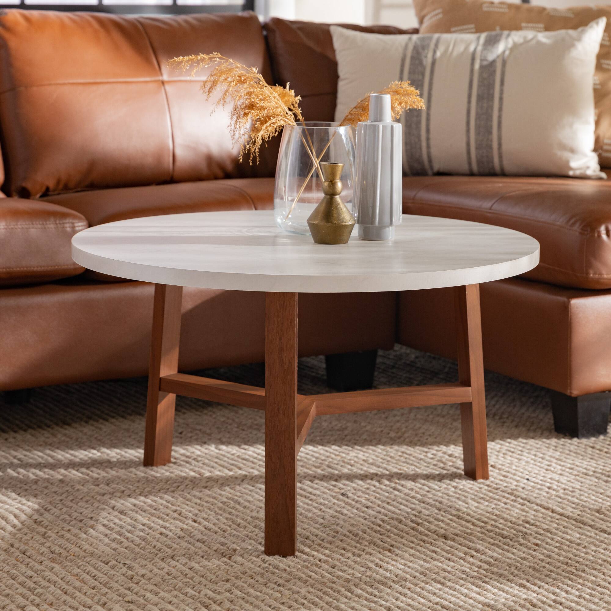 Faux White Marble & Acorn Mid-Century Modern Round Coffee Table