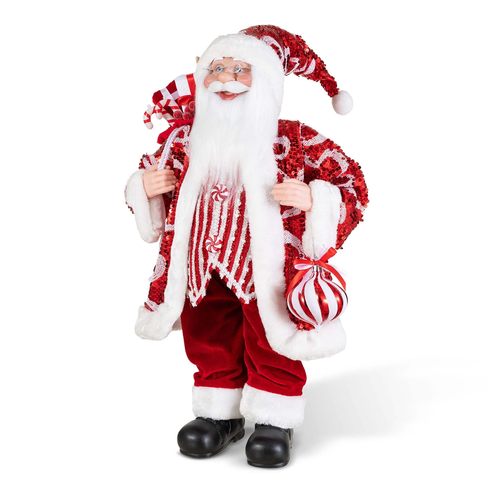 Glitzhome® 24" Faux Fur Peppermint Christmas Santa Figurine