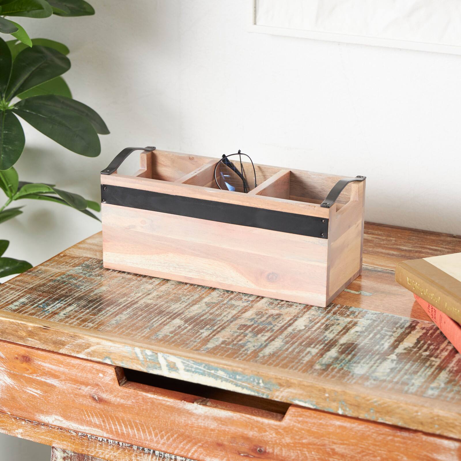 11.5" Beige Wood Modern 3 Section Decorative Tray with Metal Handles