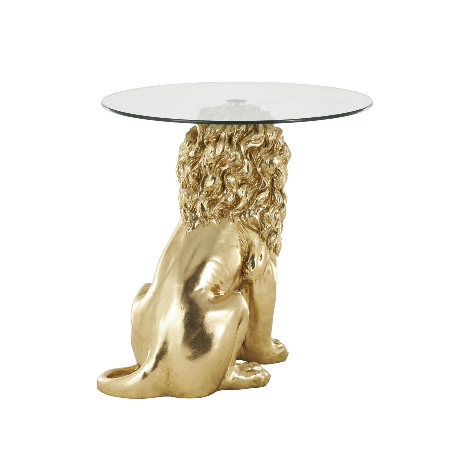 24" x 27" Gold Resin Lion Sitting Accent Table with Glass Tabletop