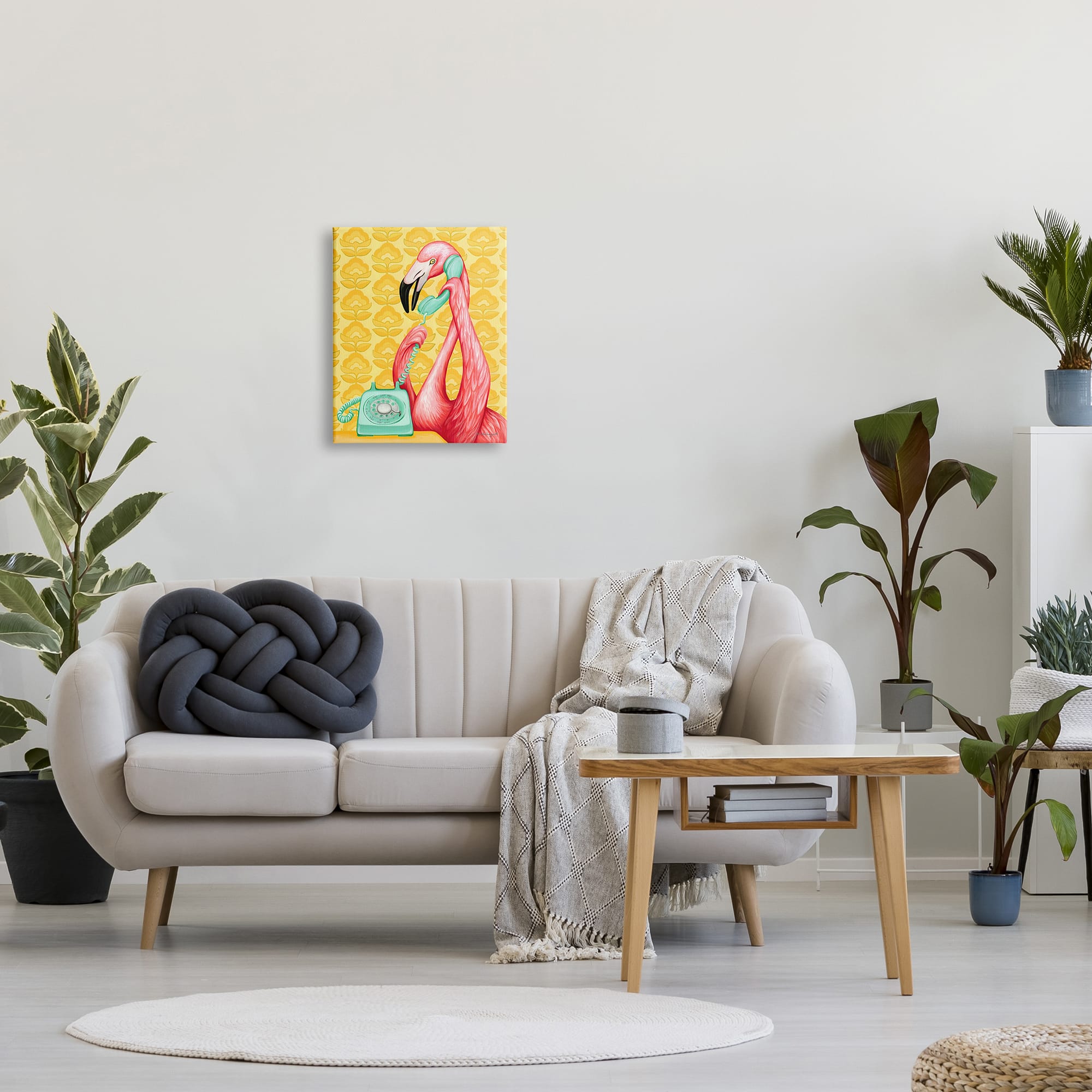 Stupell Industries Flamingo Calling Dial Telephone Groovy Flowers Canvas Wall Art