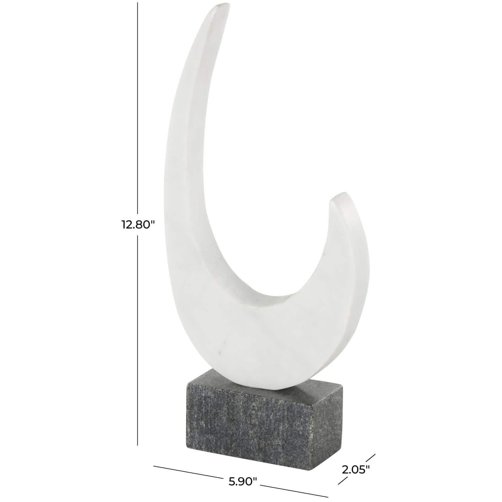 12.75" White with Black Block Base Marble Abstract Curved Sculpture