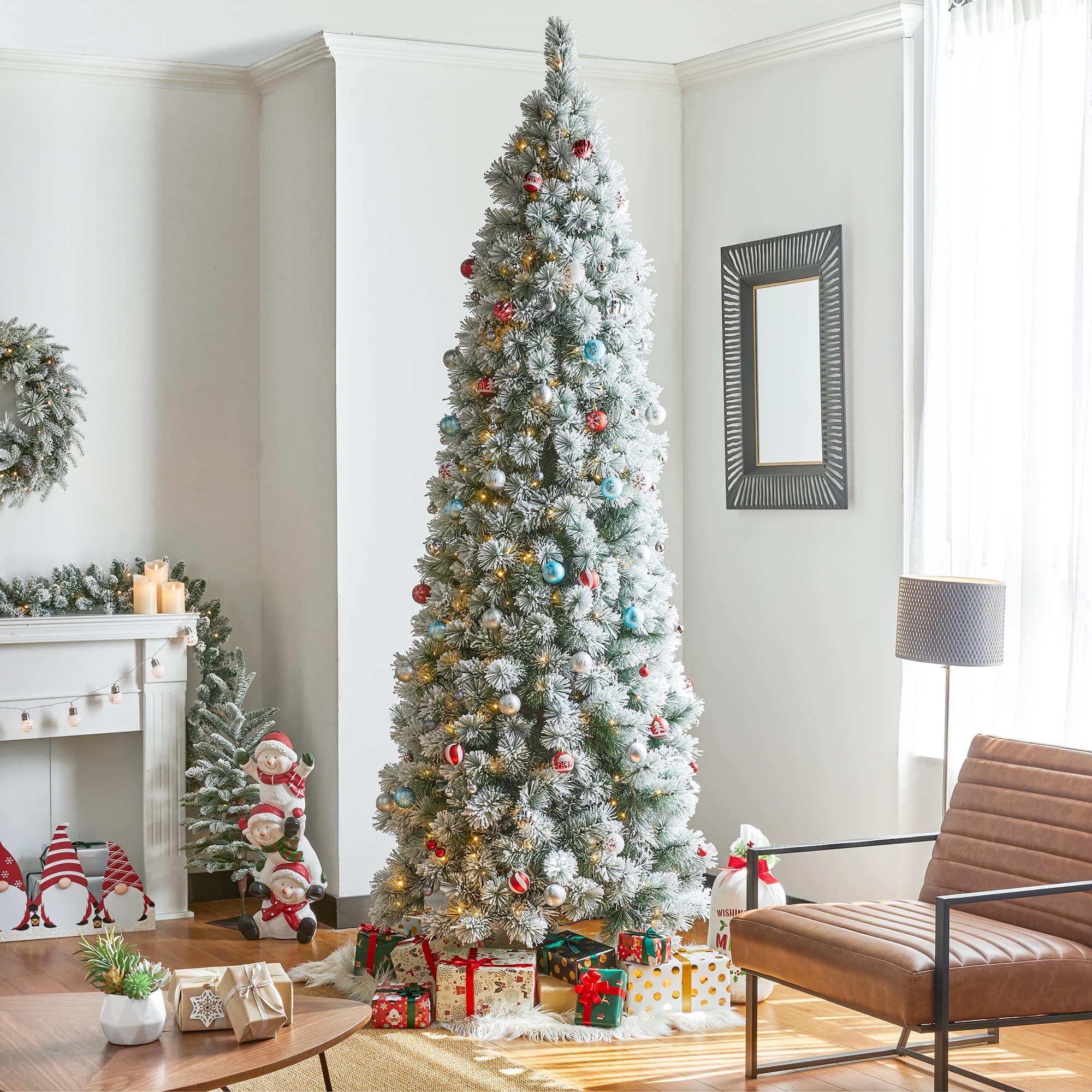 9ft. Pre-Lit Flocked Pine Pencil Artificial Christmas Tree, Warm White LED Lights