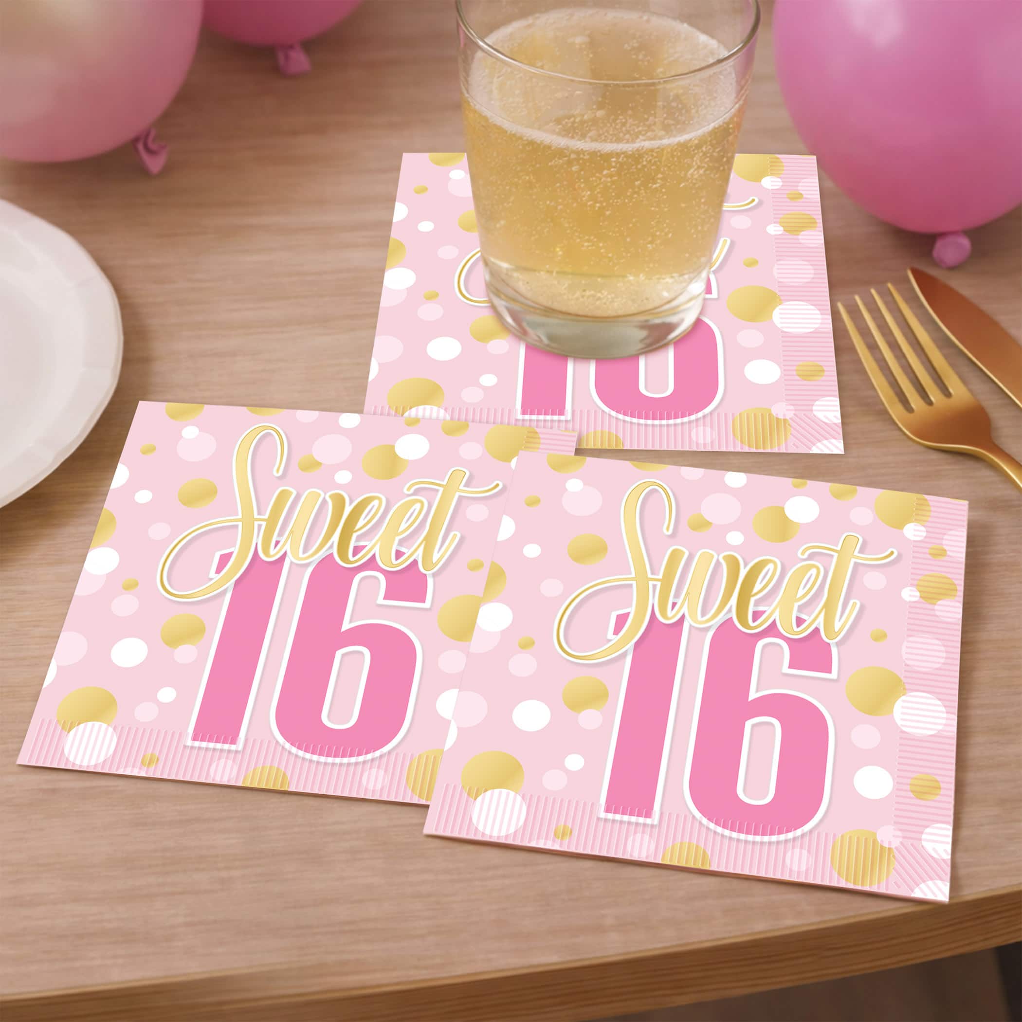 Beistle 5" x 5" Sweet 16 2-Ply Beverage Napkins, 2 Packs of 32