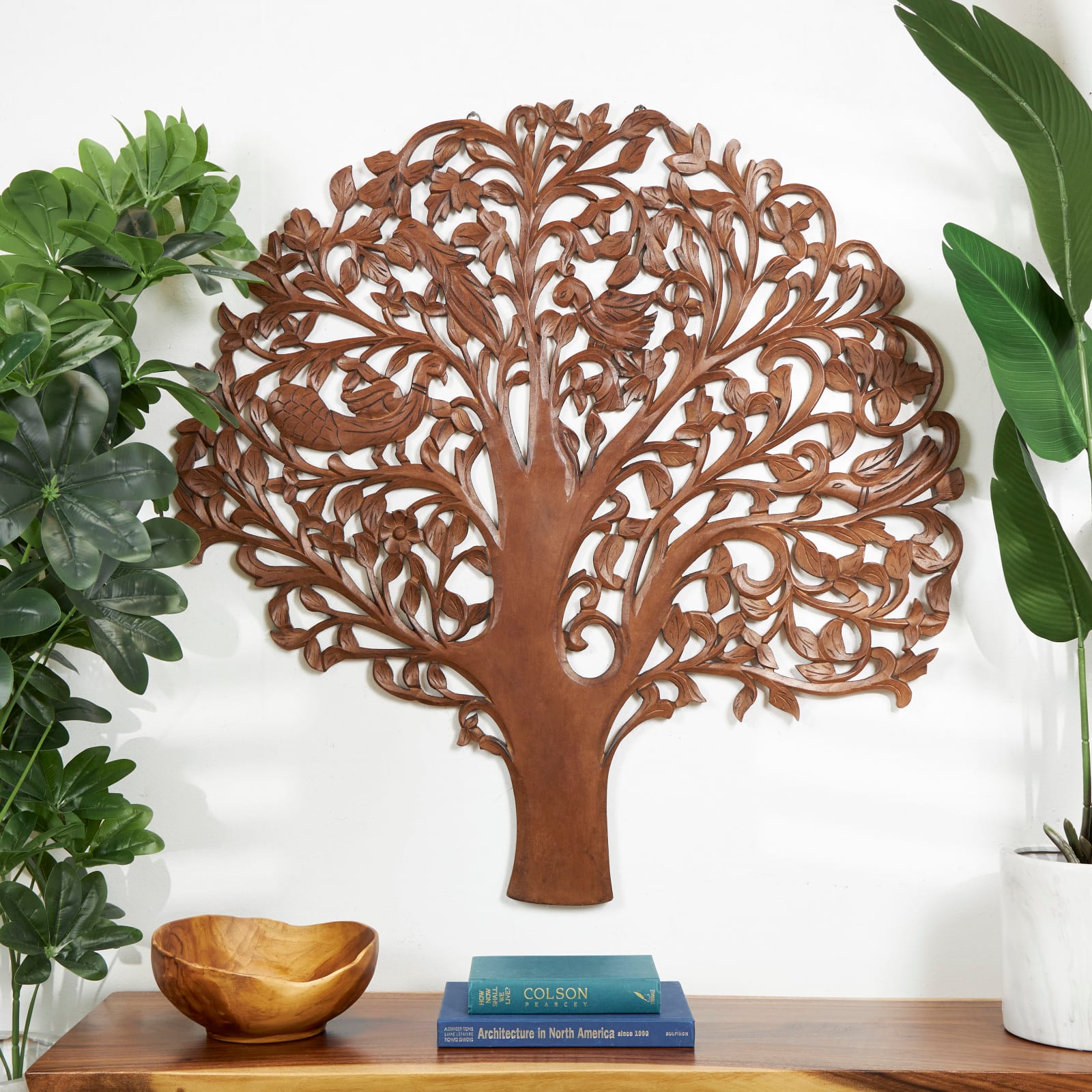 43" x 45" Brown Carved Wooden Tree Wall Décor with Bird Accents