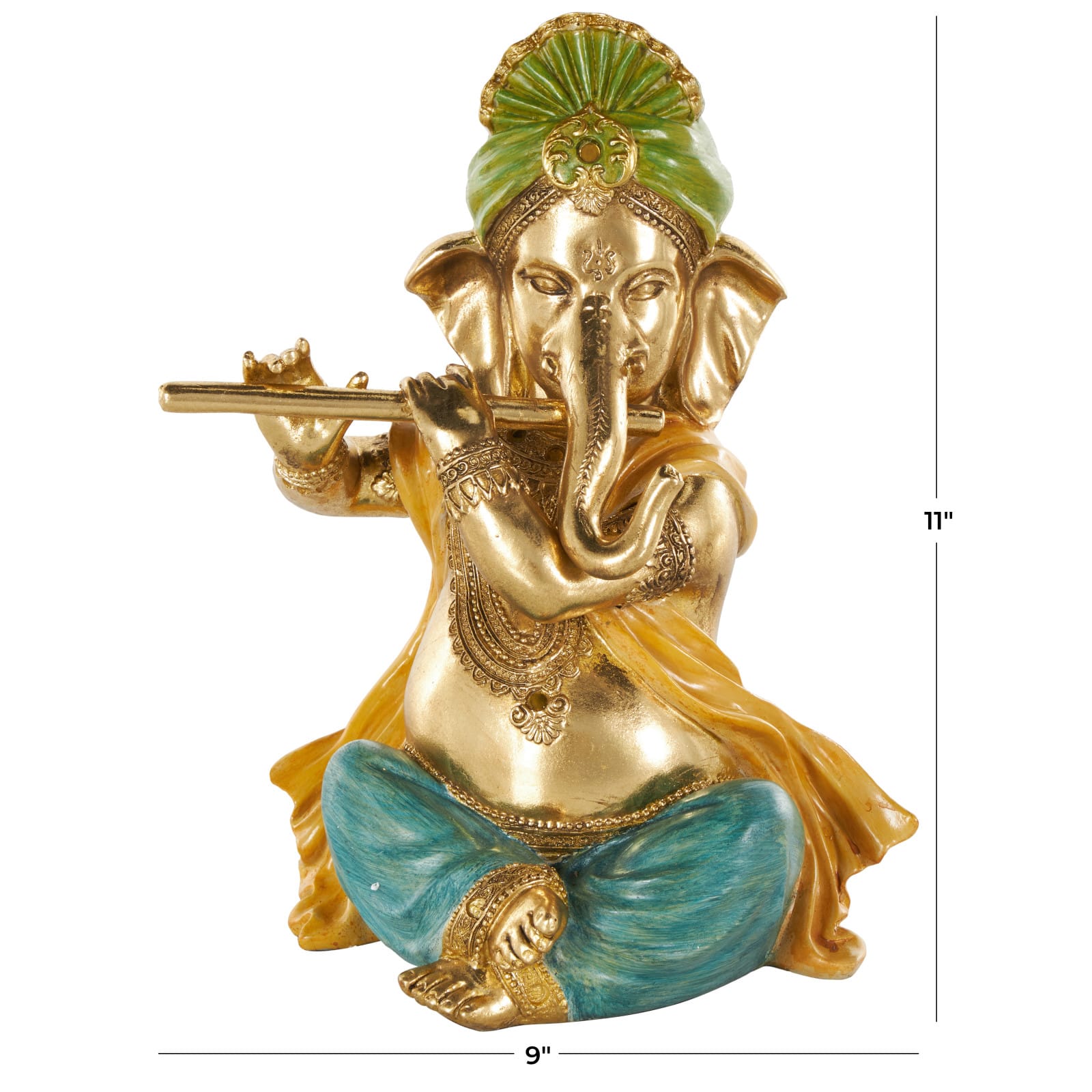 11" Gold Resin Ganesh Musician Decorative Sculpture