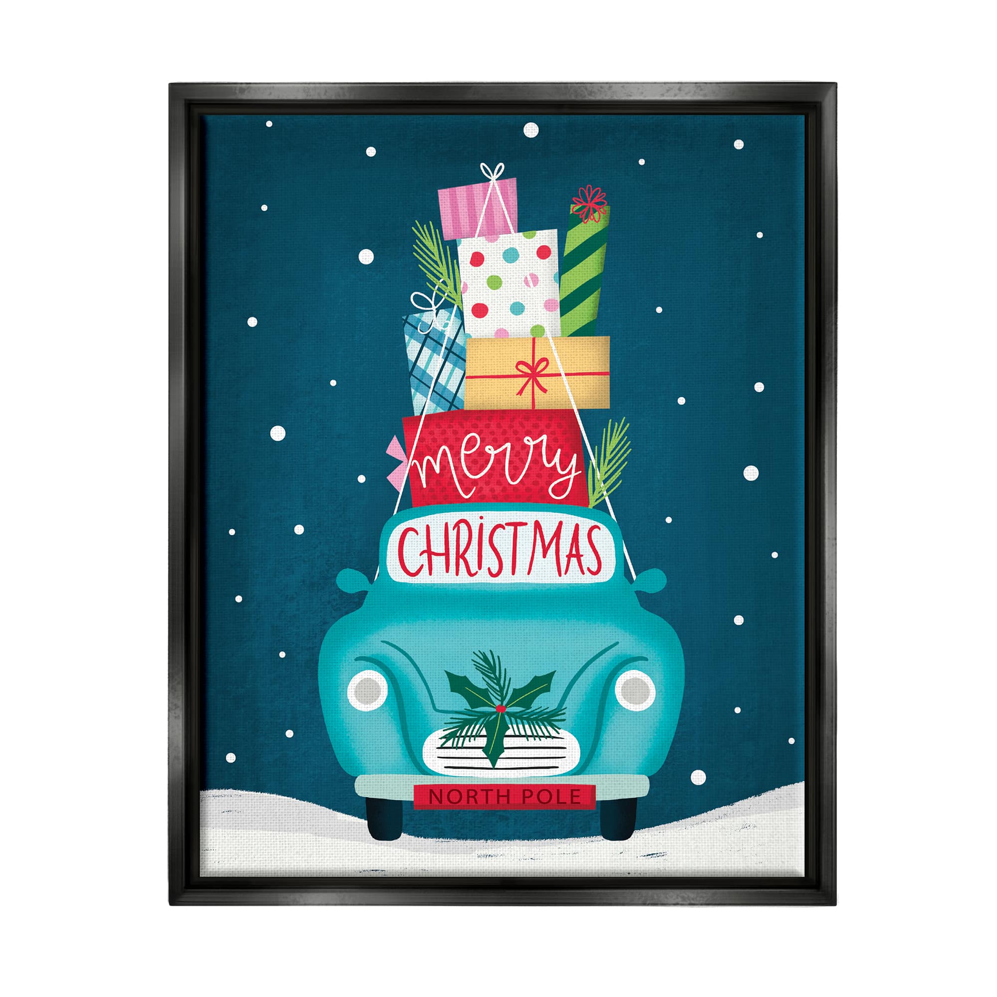 Stupell Industries Merry Christmas Stacked Gifts Car Framed Floater Canvas Wall Art