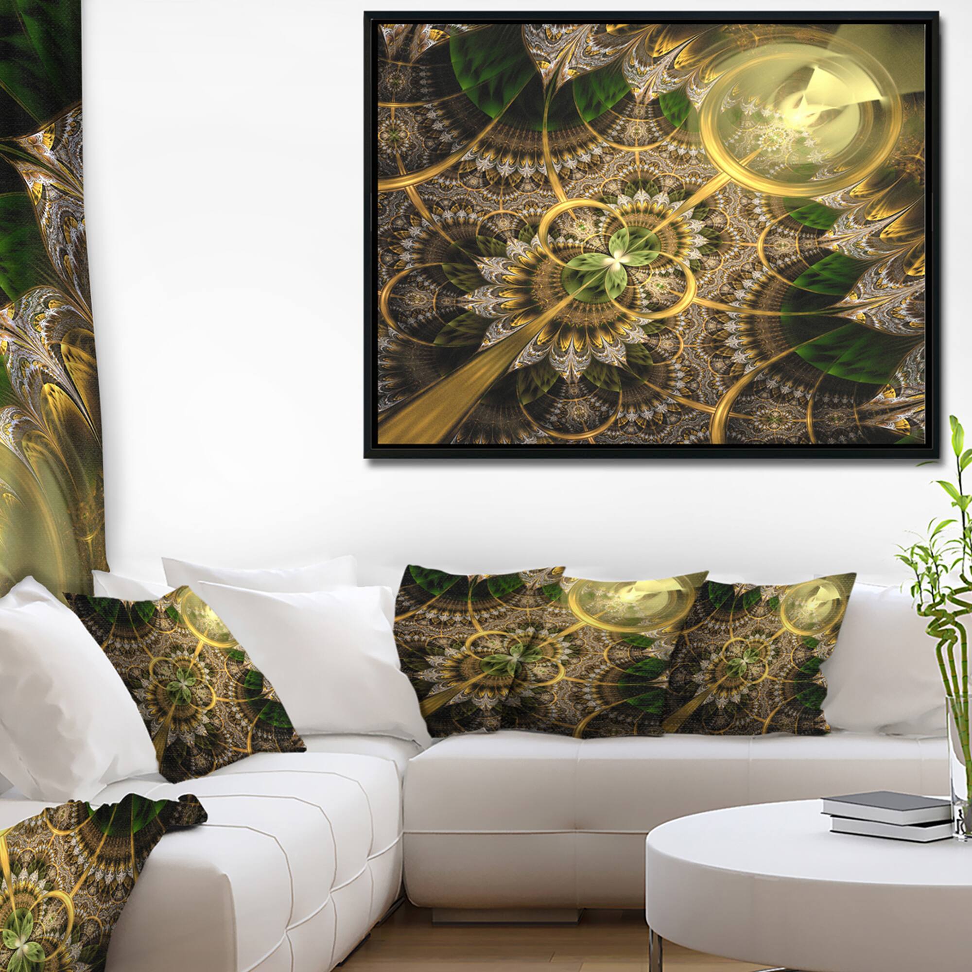 Designart - Dark Green and Gold Fractal Flower - Floral Canvas Art Print in Black Frame