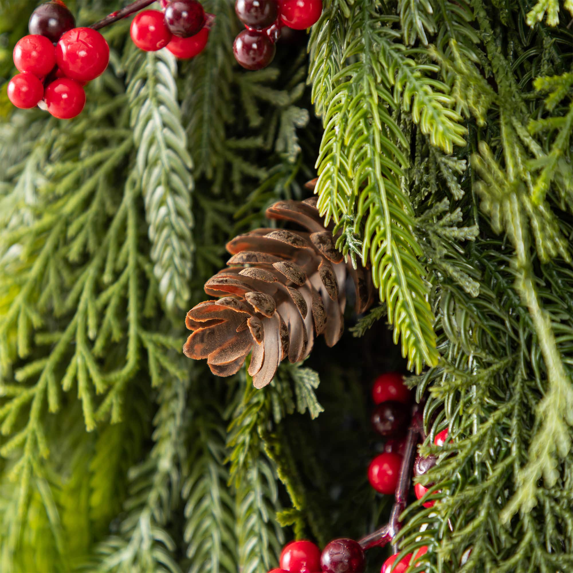 Glitzhome® 31.5" Christmas Greenery PE Dripping Teardrop with Pinecones and Red Berries,Set of 2