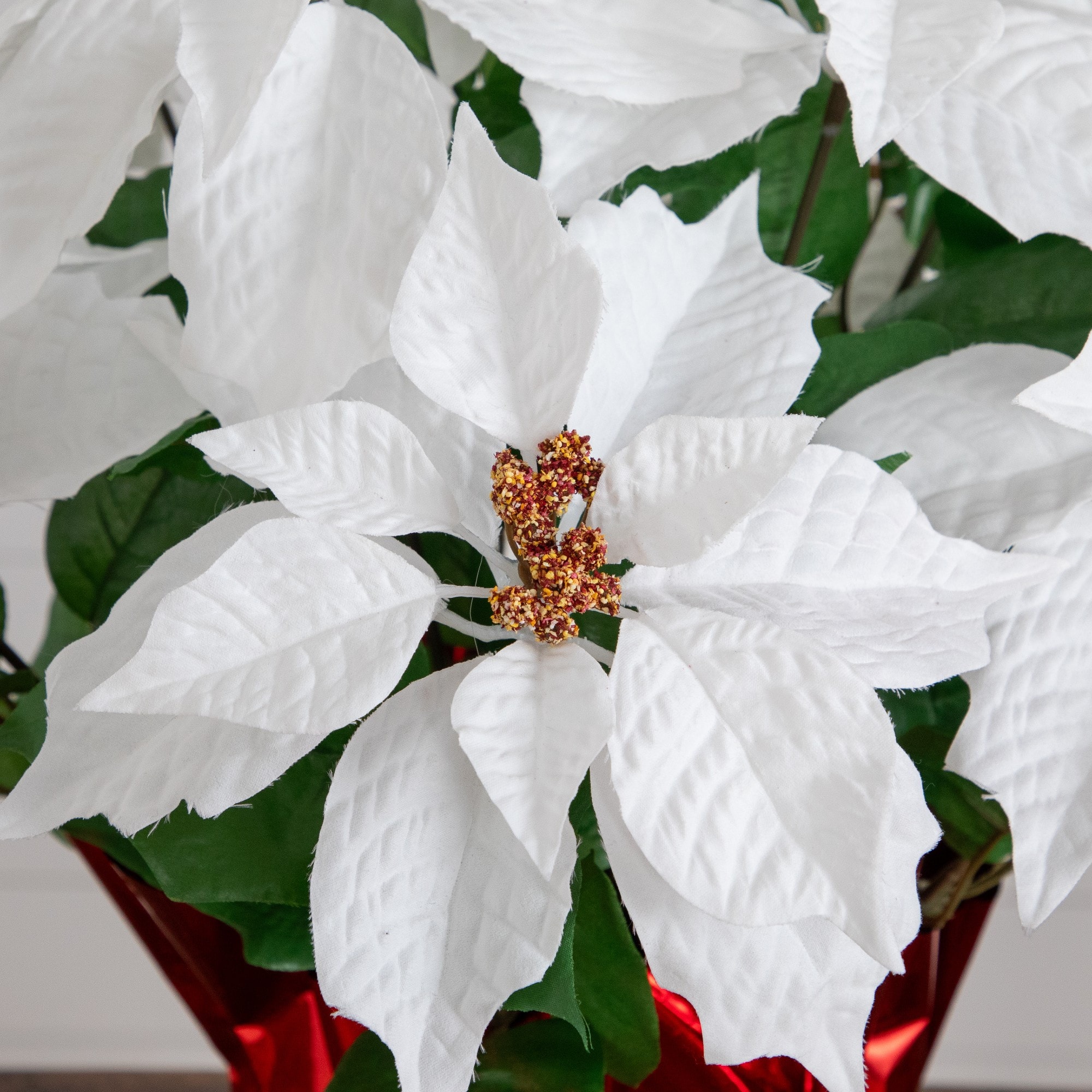 Nearly Natural 19" White Lush Poinsettia in Red Wrapped Artificial Planter