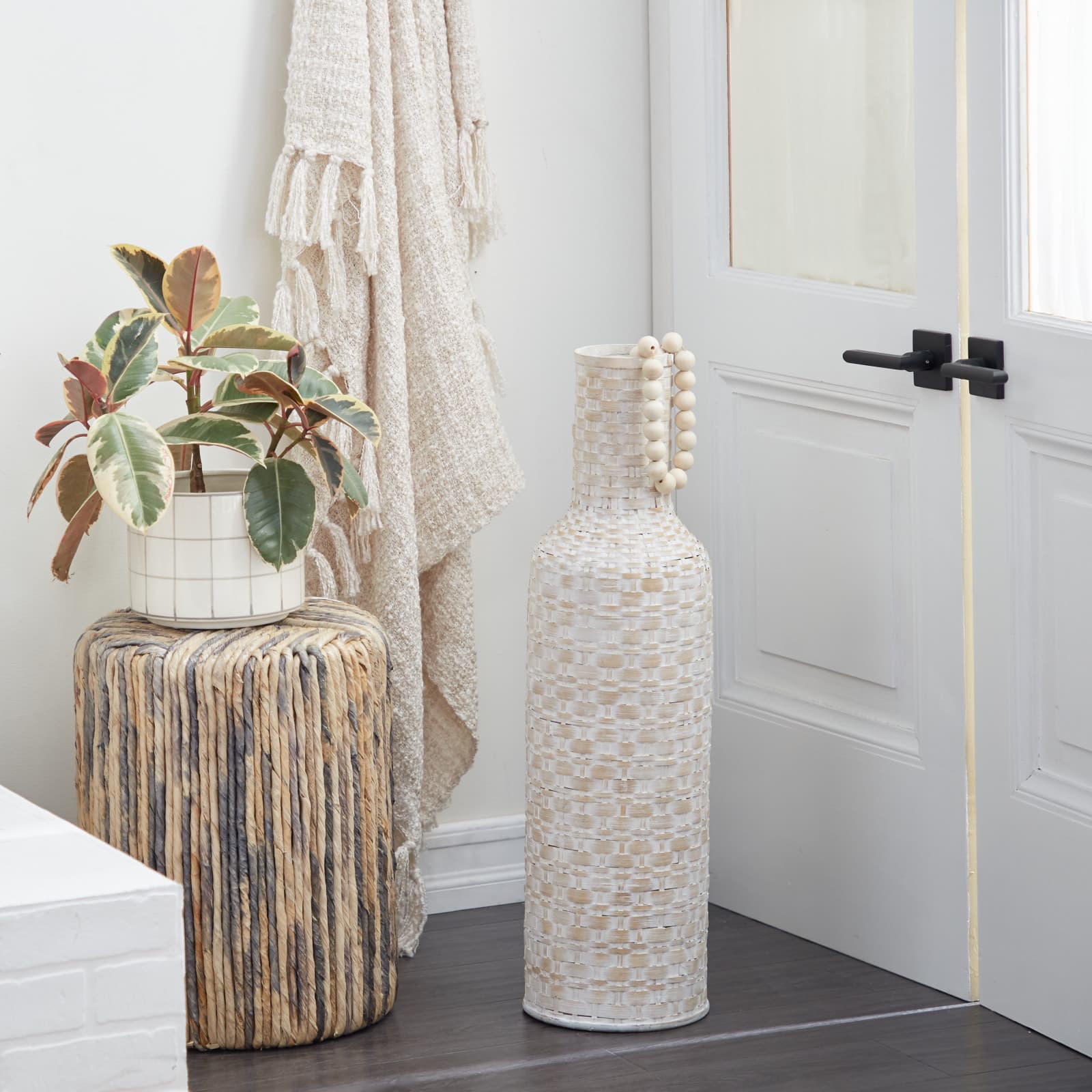 White Bamboo Tall Woven Floor Vase 9" x 9" x 30"
