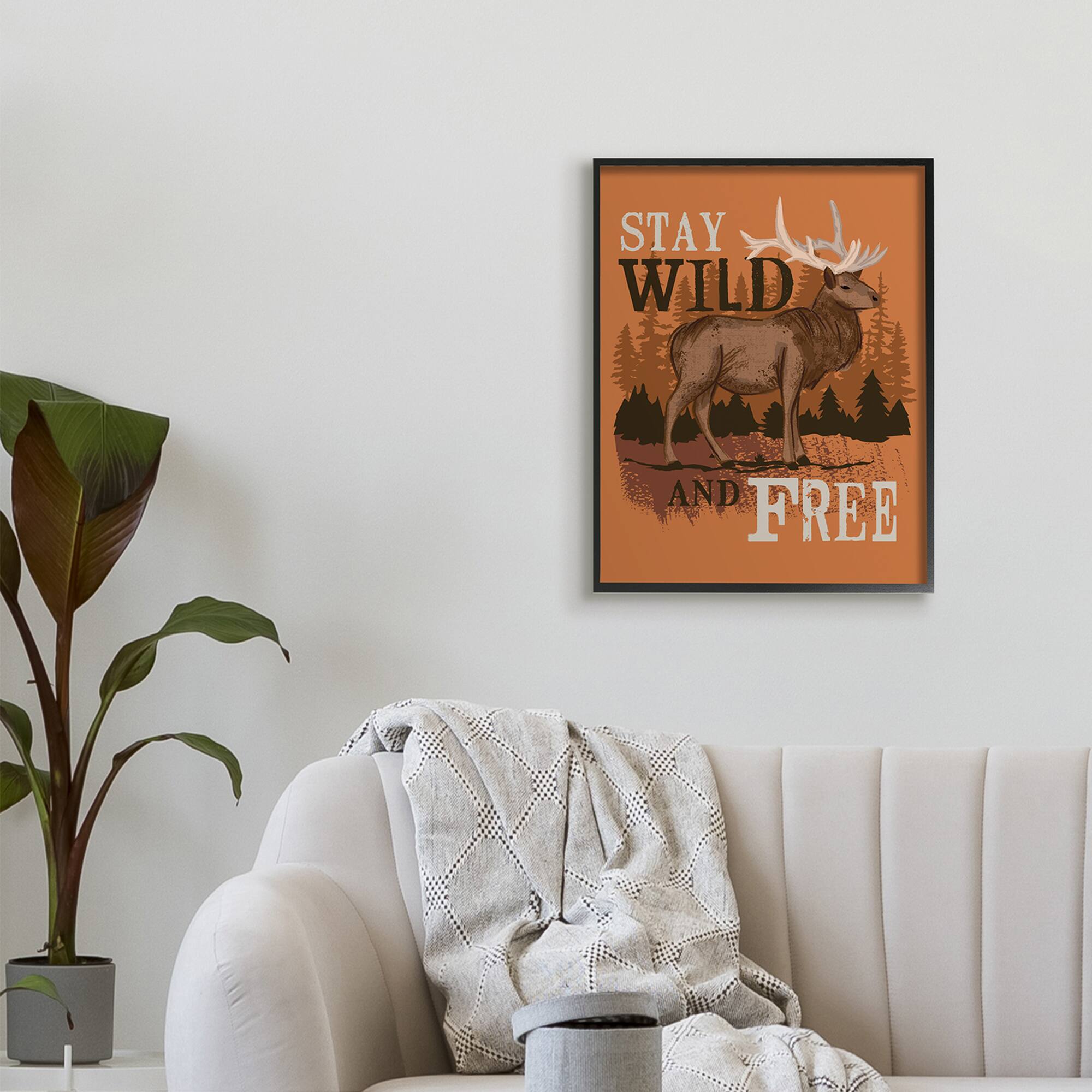 Stupell Industries Stay Wild and Free Phrase Forest Elk Landscape in Black Frame Wall Art