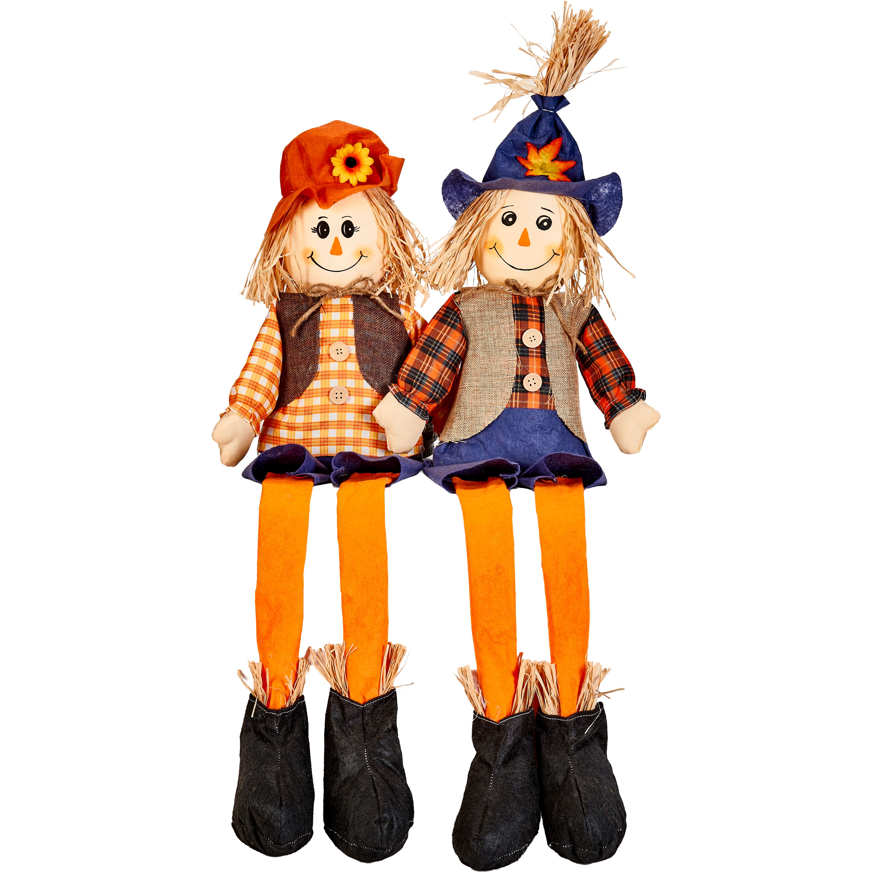 Worth Imports 32" Long Leg Fall Harvest Boy & Girl Couple Sitting Scarecrows Set