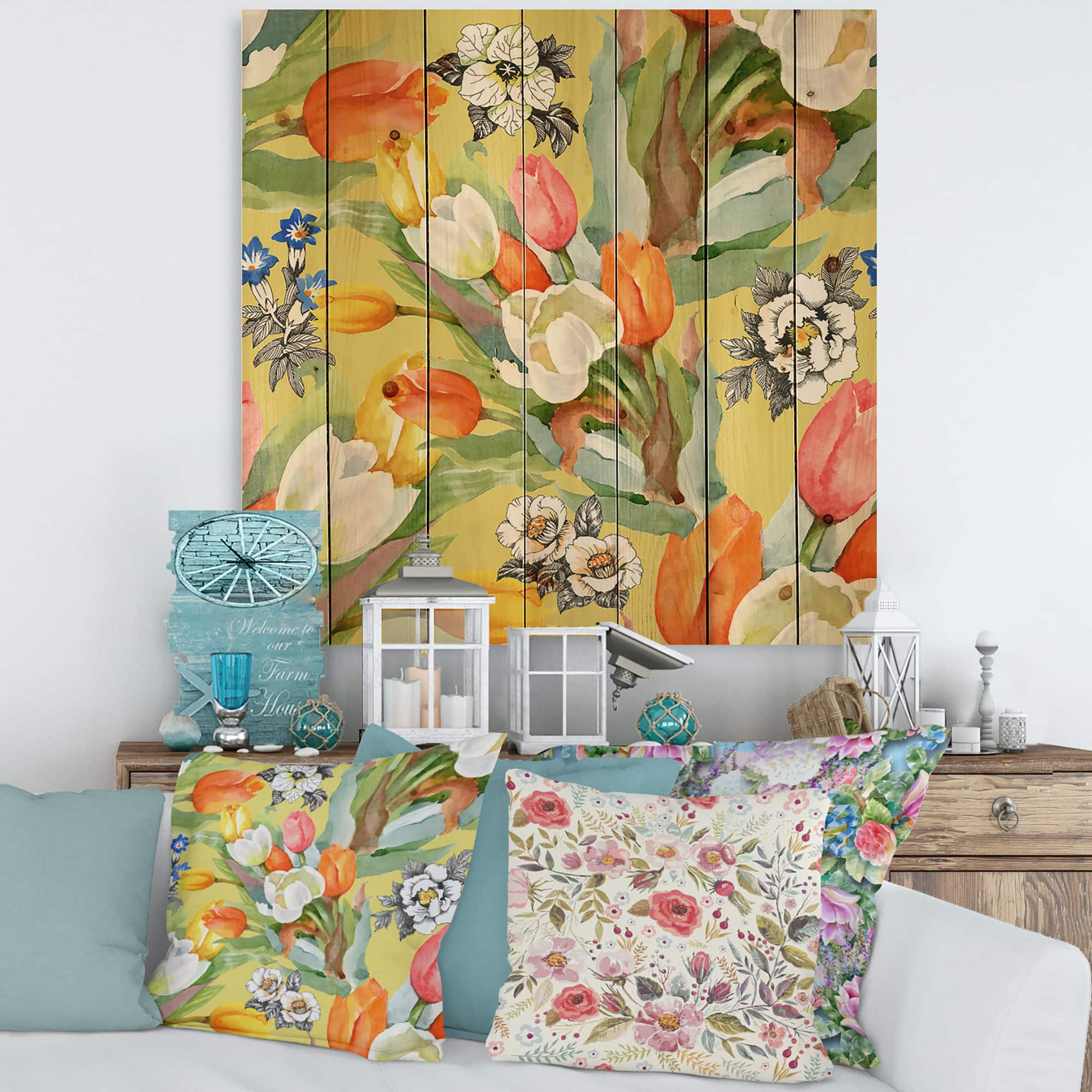 Designart - Blooming White and Orange Tulips I - Traditional Print on Natural Pine Wood