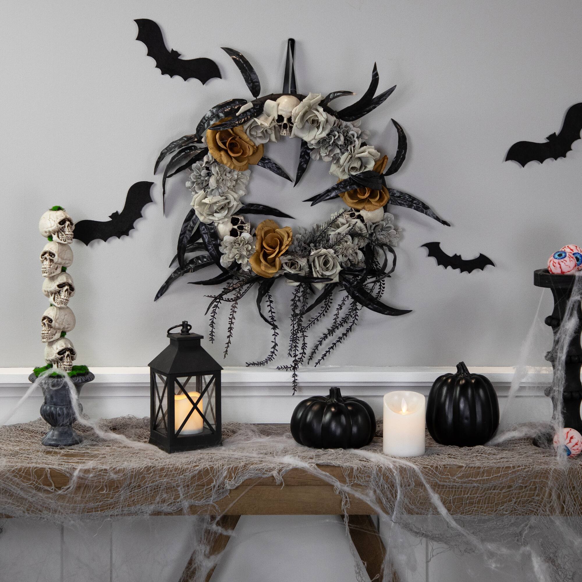 14" Unlit Skulls with Orange & Gray Roses Halloween Wreath