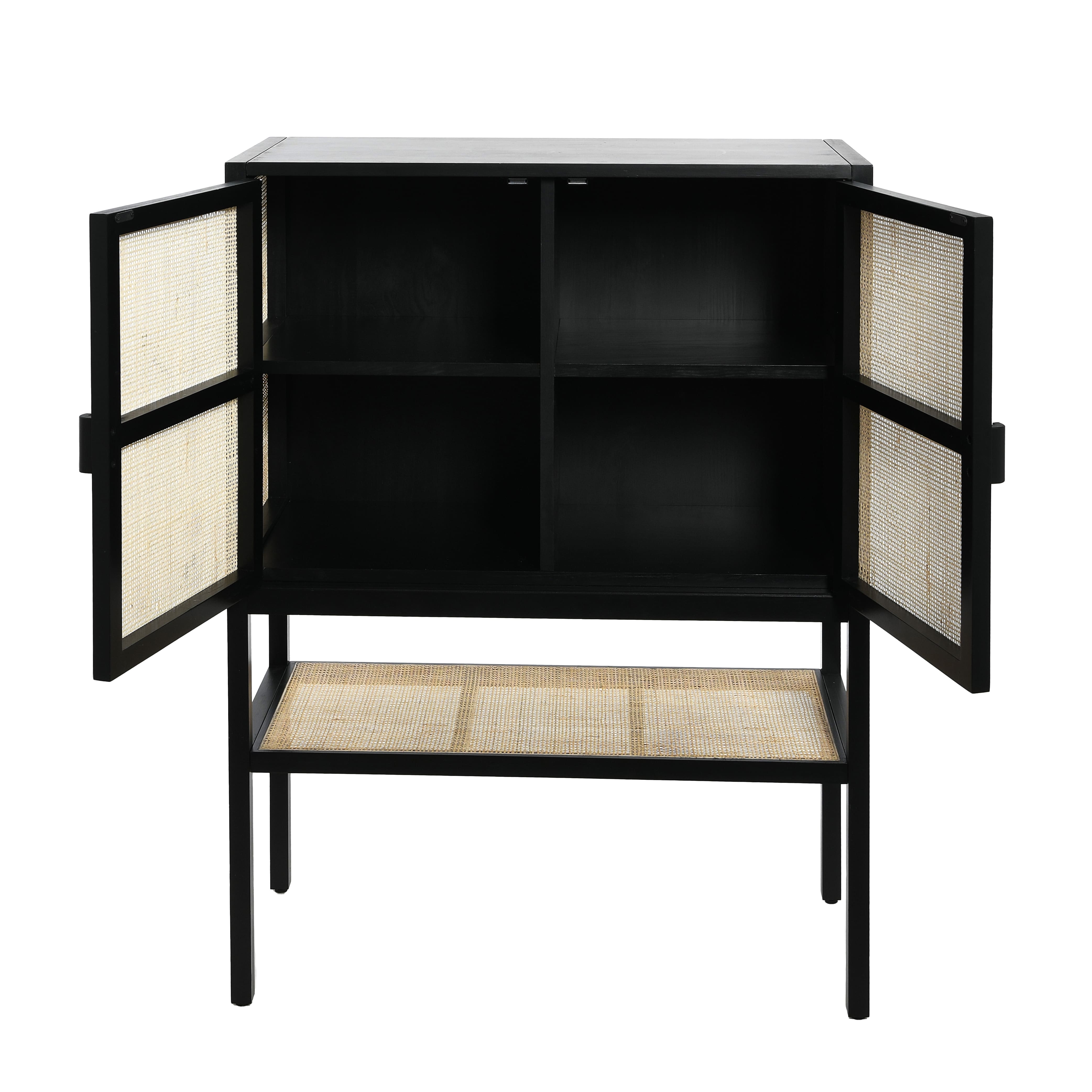 Hello Honey® 47" Boho Woven Rattan and Wood Cabinet with Doors, Shelf