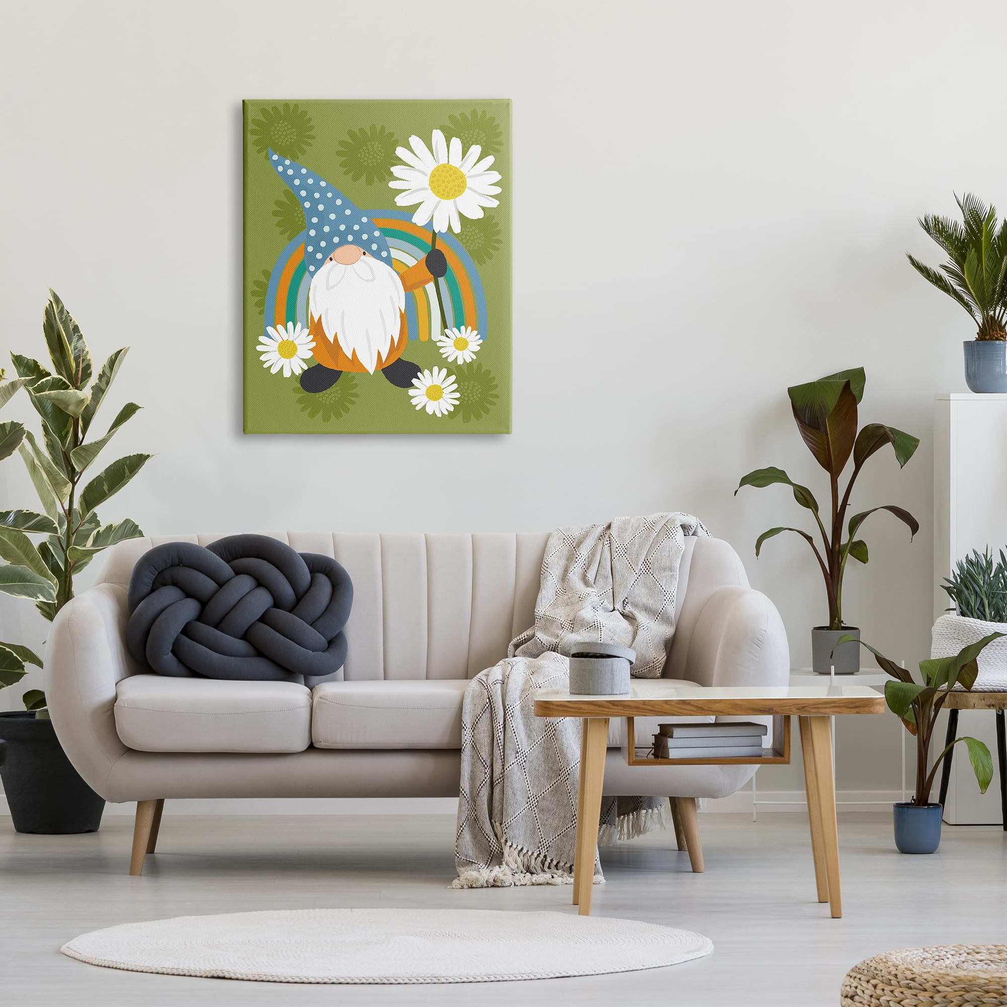 Stupell Industries Daisy Garden Gnome Blue Rainbow Floral Pattern Canvas Wall Art