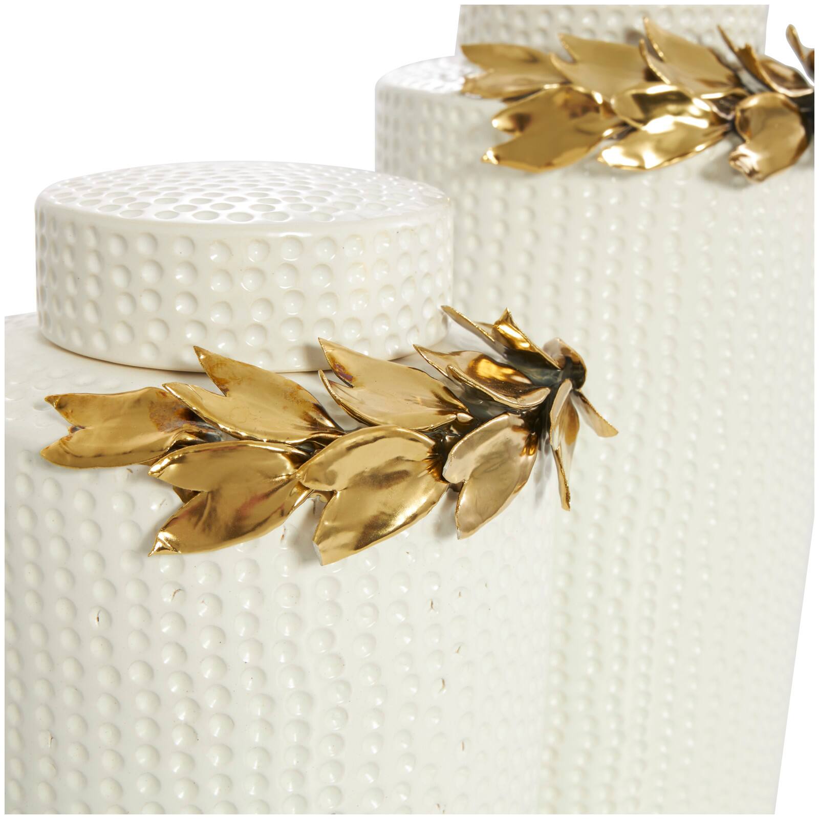 White Ceramic Decorative Jar Set with Abstract Spotted Pattern & Gold Leaf Accents