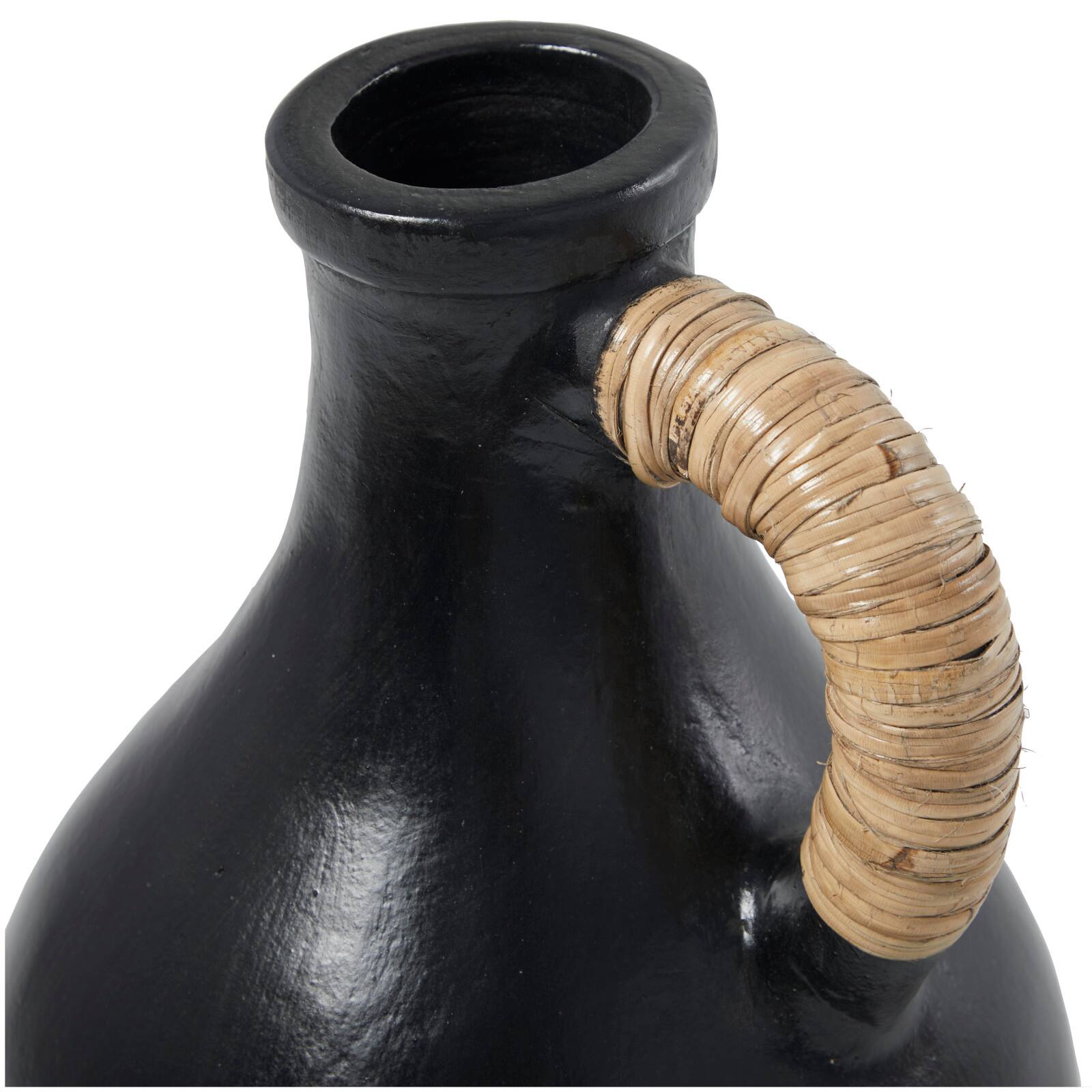 18" Black Ceramic Jug Inspired Vase with Rattan Wrapped Handle
