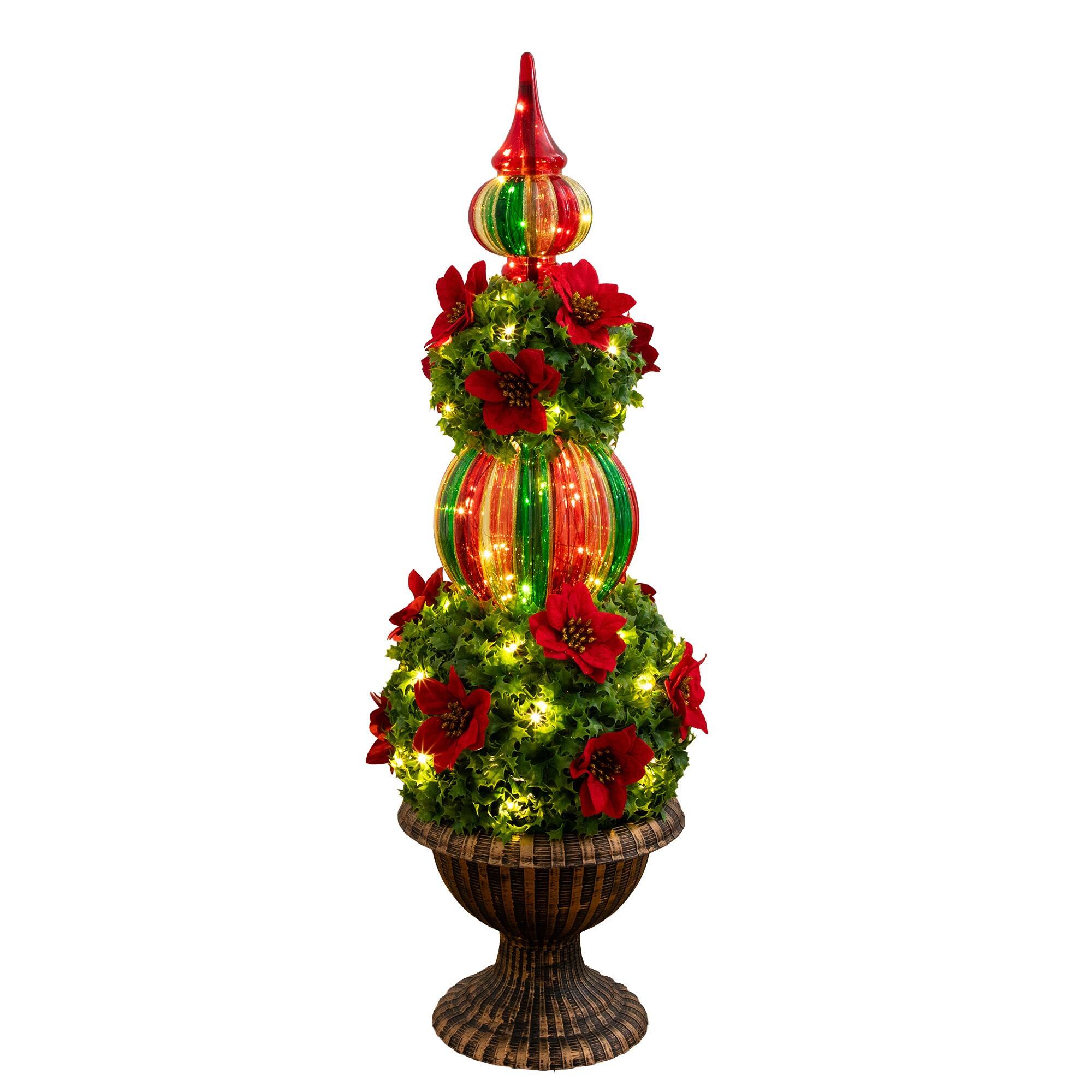 Nearly Natural 3ft. Pre-Lit Poinsettias with Ornaments, Holly & Berry Topiary Artificial Christmas Tree in Decorative Urn
