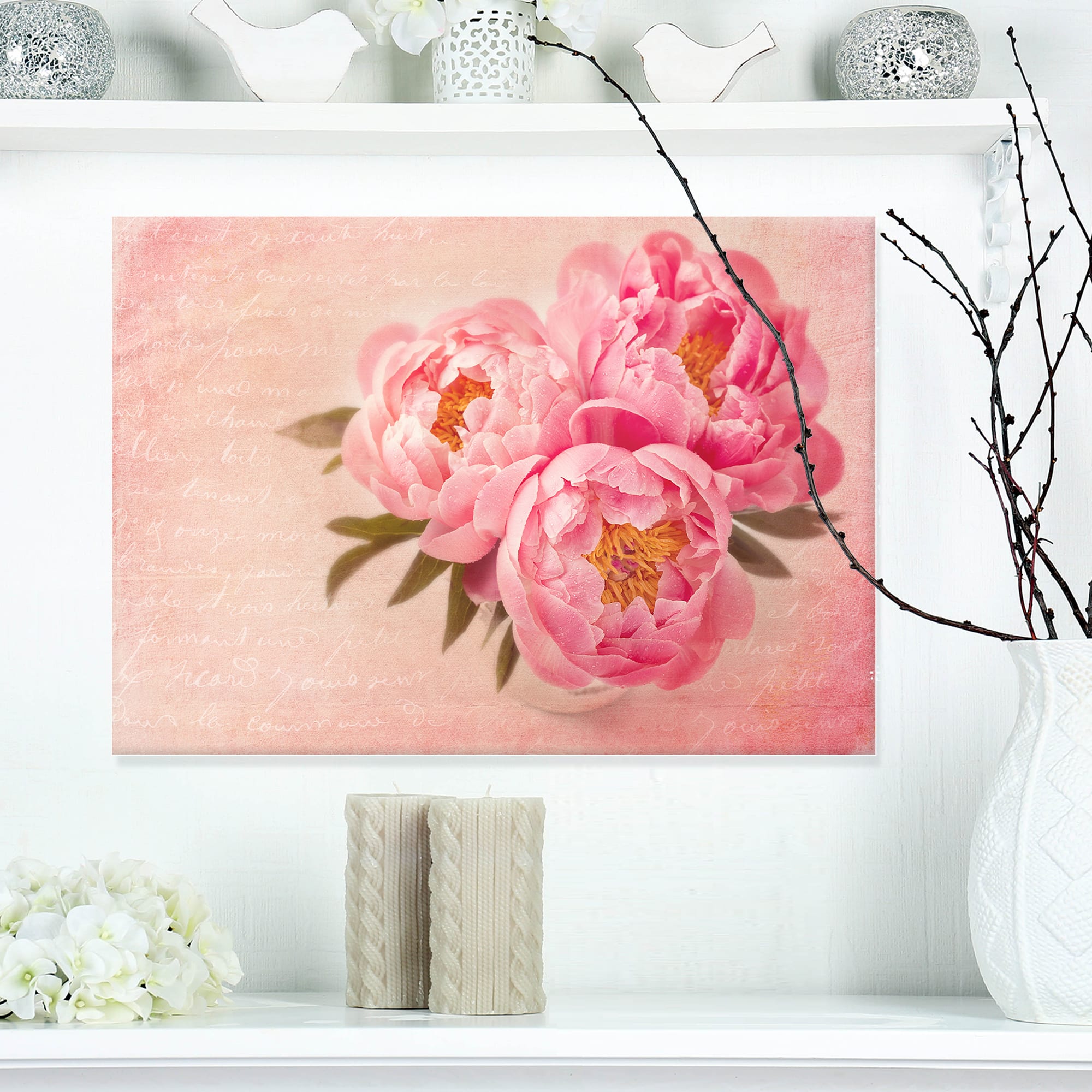 Designart - Peony Flowers against Scribbled Back - Floral Canvas Art Print