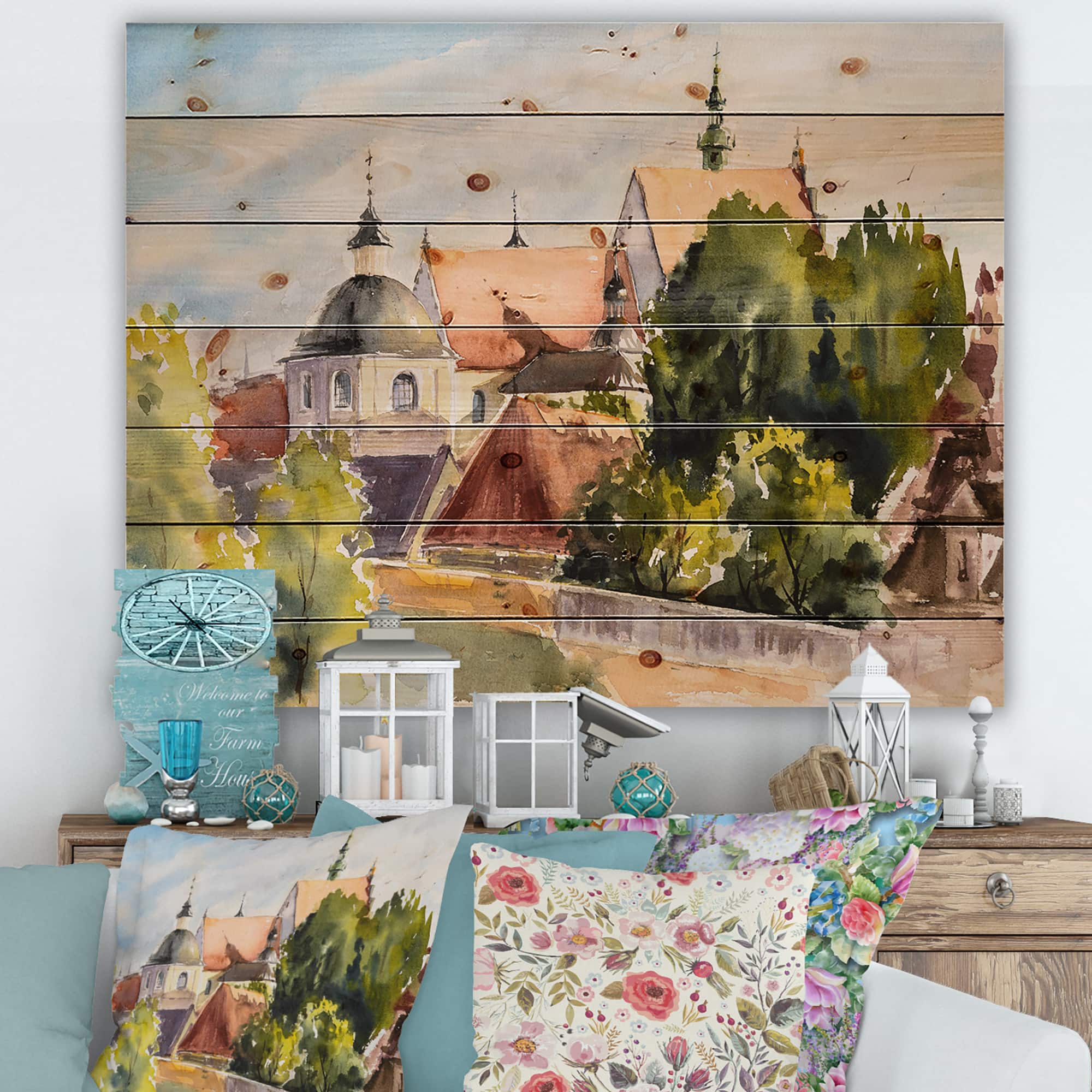 Designart - View of Old Polish City In Nature - Traditional Print on Natural Pine Wood