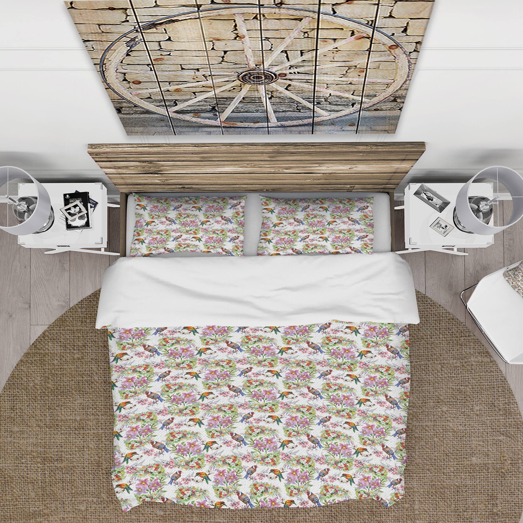 Designart 'Pattern with Flowers and Birds' Cabin & Lodge Bedding Set - Duvet Cover & Shams