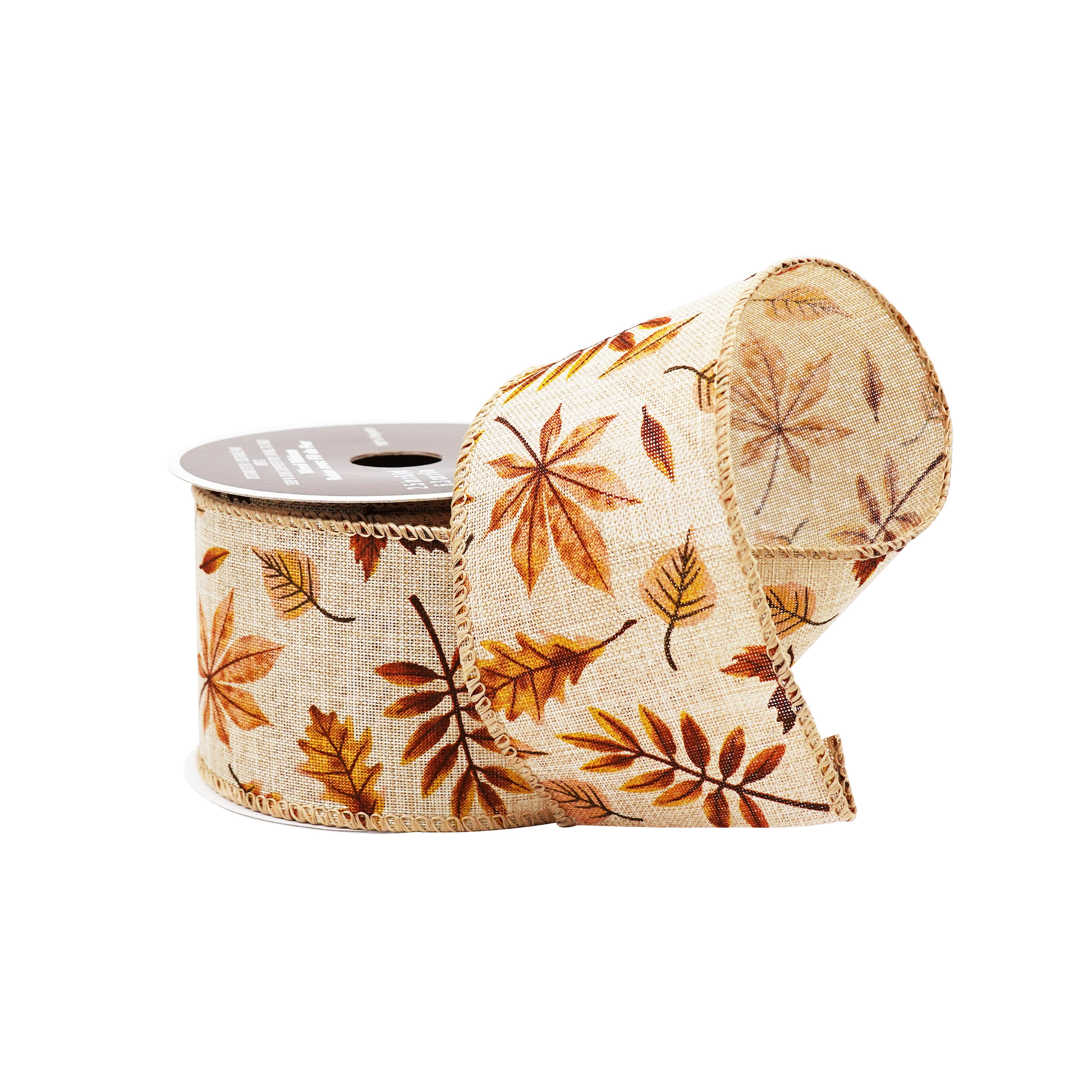2.5" x 6.6yd. Fall Leaves Wired Faux Linen Ribbon by Celebrate It®