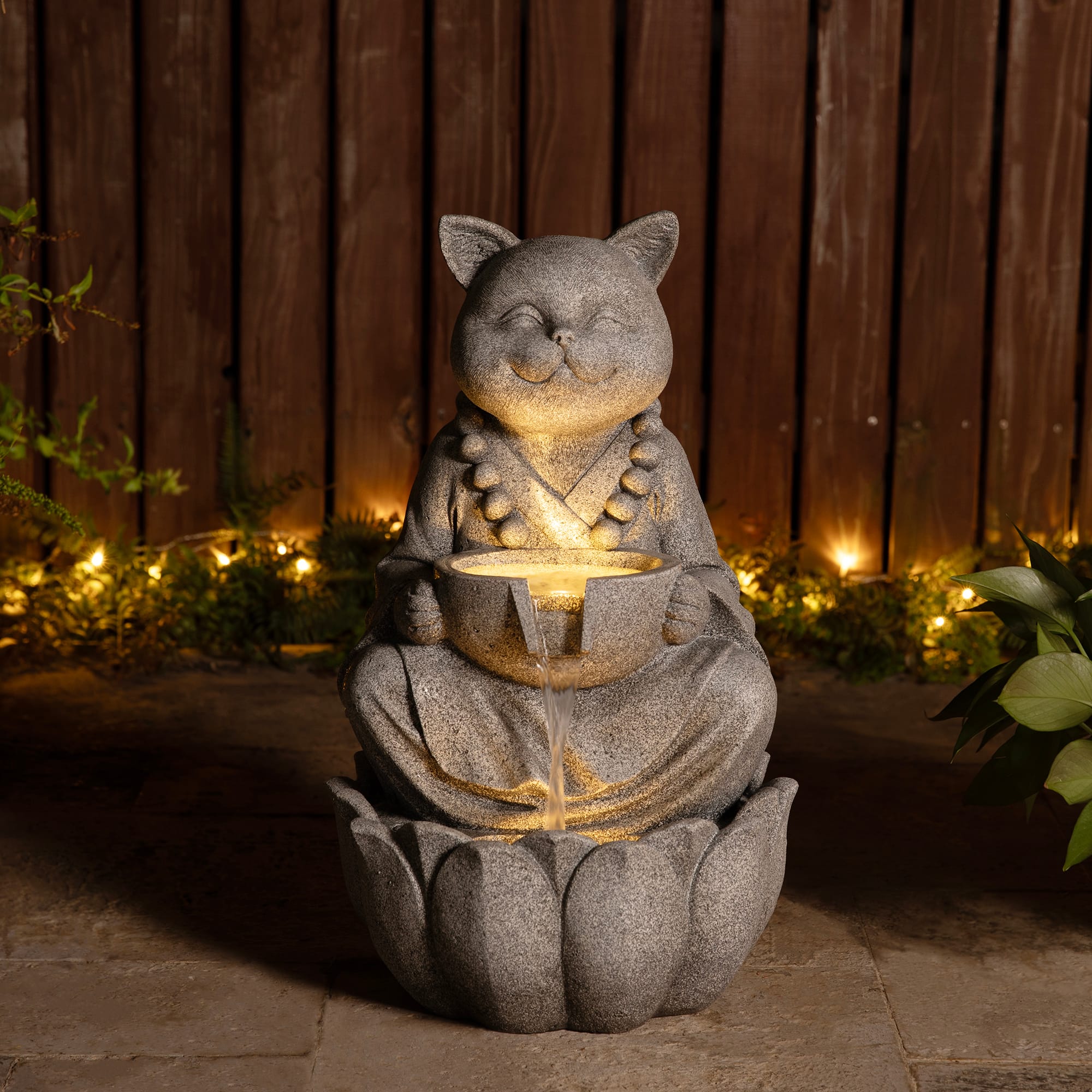 Glitzhome® 21.75" Zen-Style LED 2-Tier Concrete Cat Outdoor Fountain