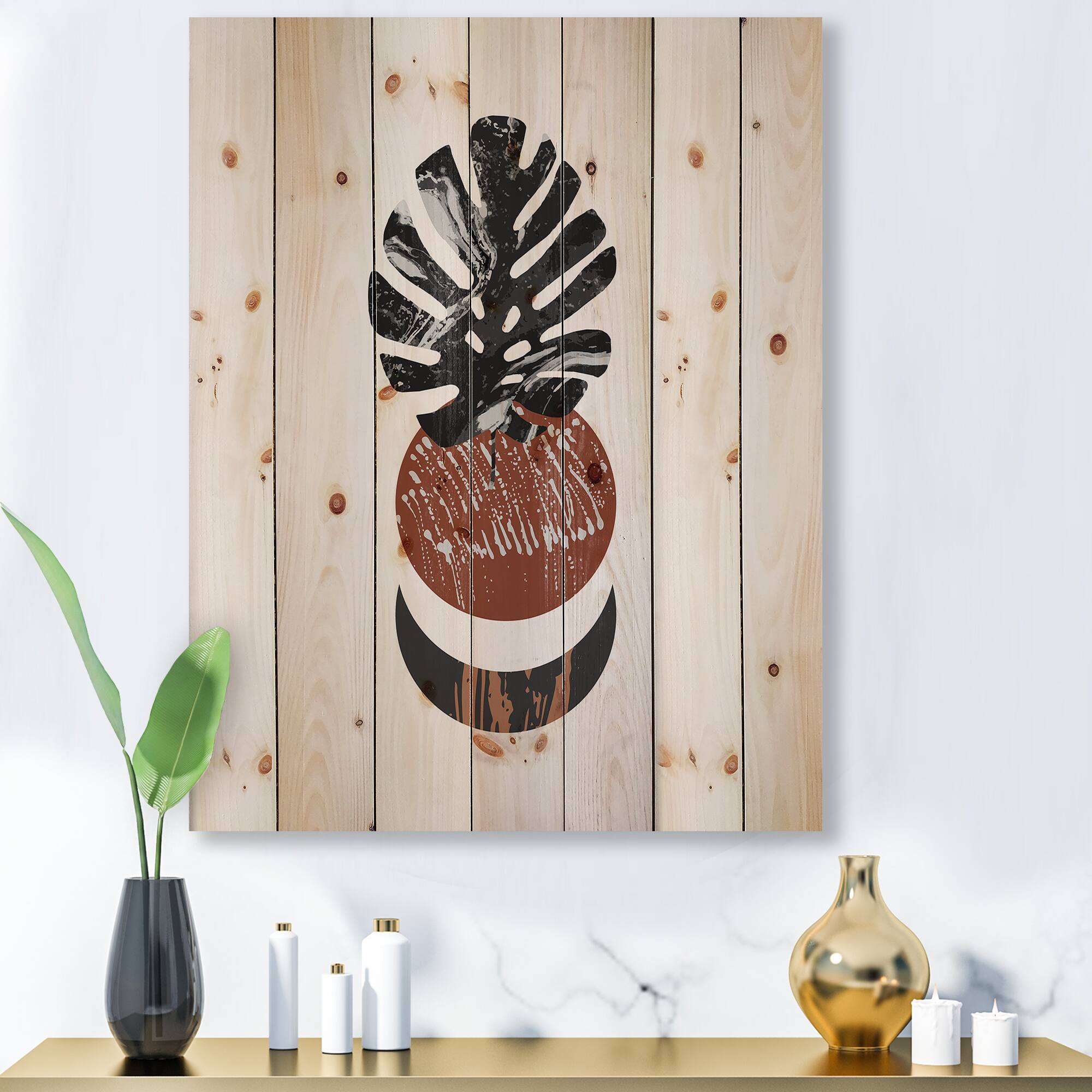Designart - Abstact Minimal Sun, Moon & Tropical Palm Leaf II - Modern Print on Natural Pine Wood