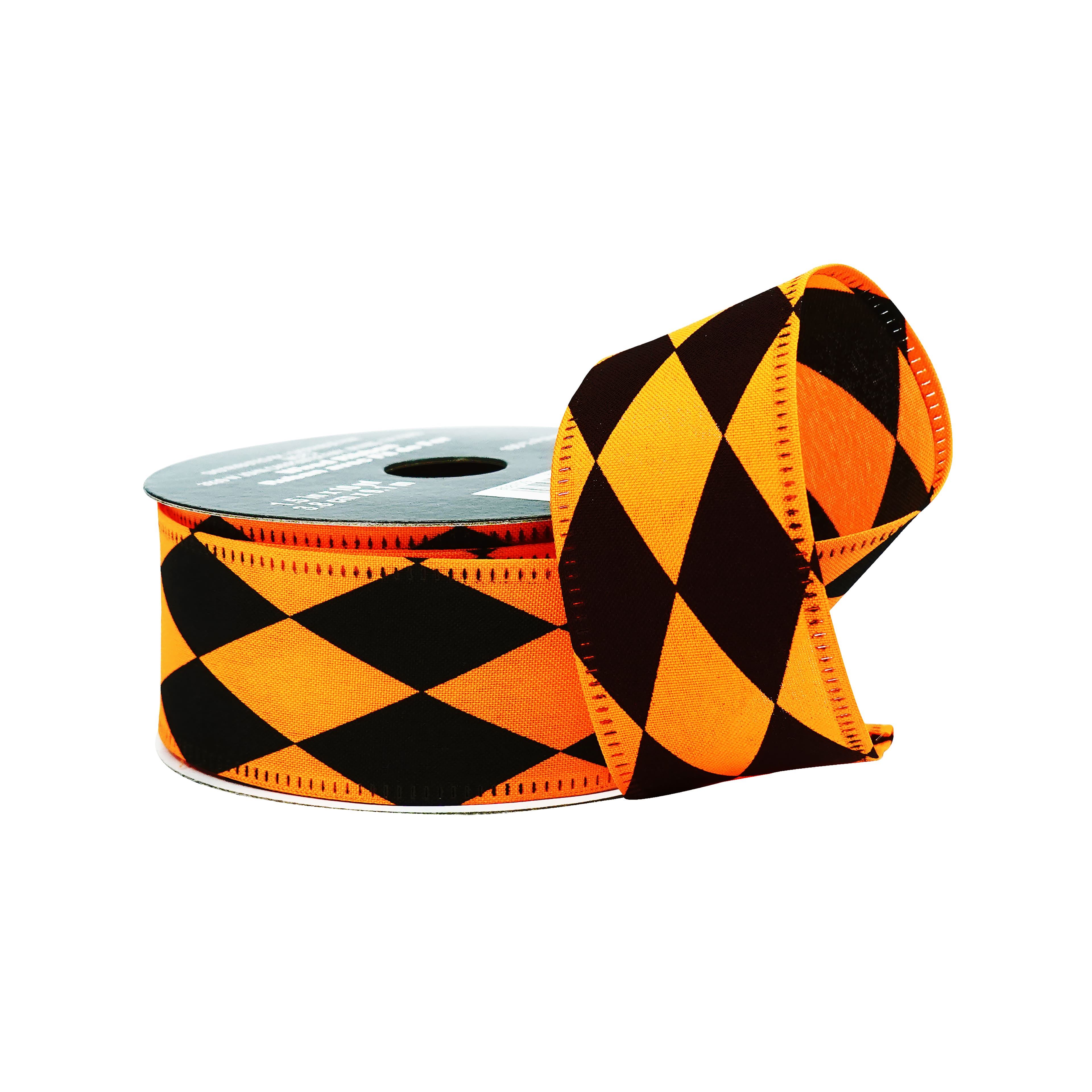 1.5" x 10yd. Black & Orange Diamond Wired Pongee Ribbon by Celebrate It®