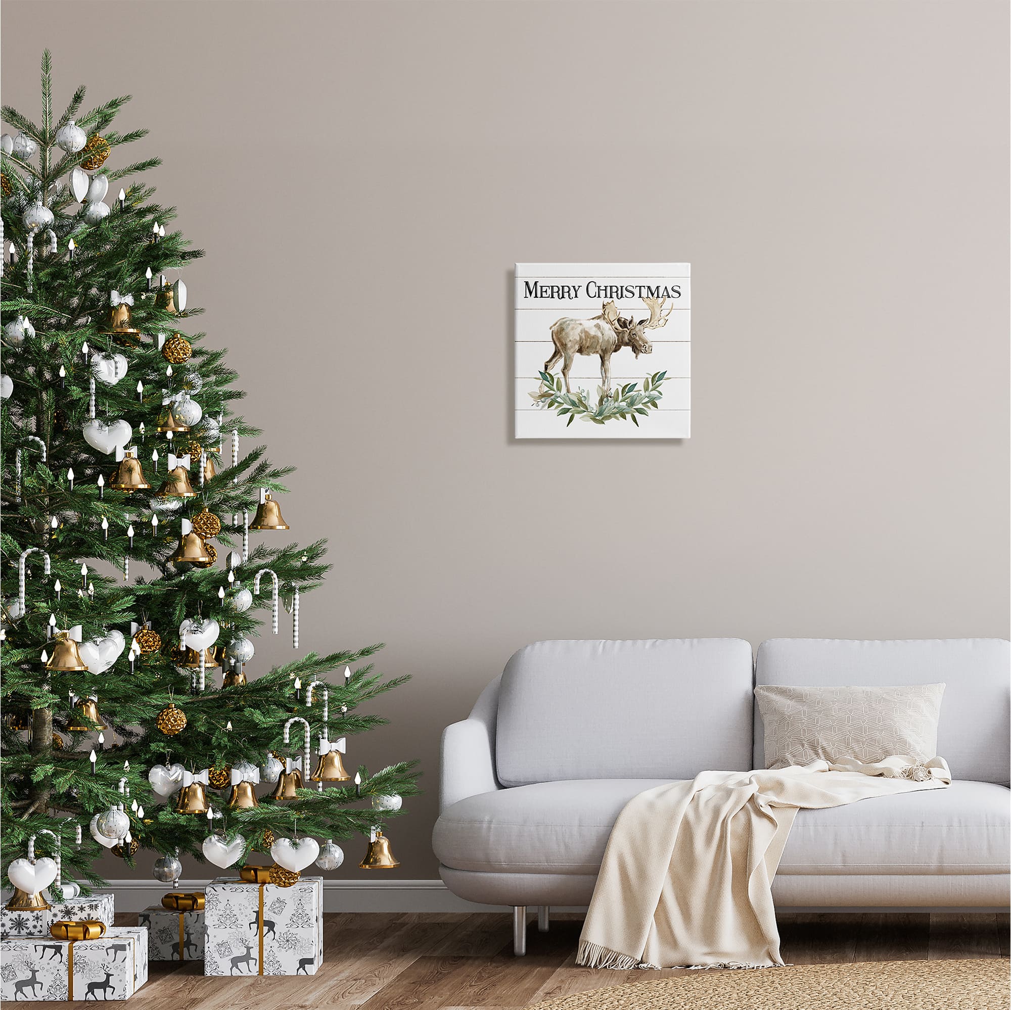 Stupell Industries Merry Christmas Moose Laurel Canvas Wall Art