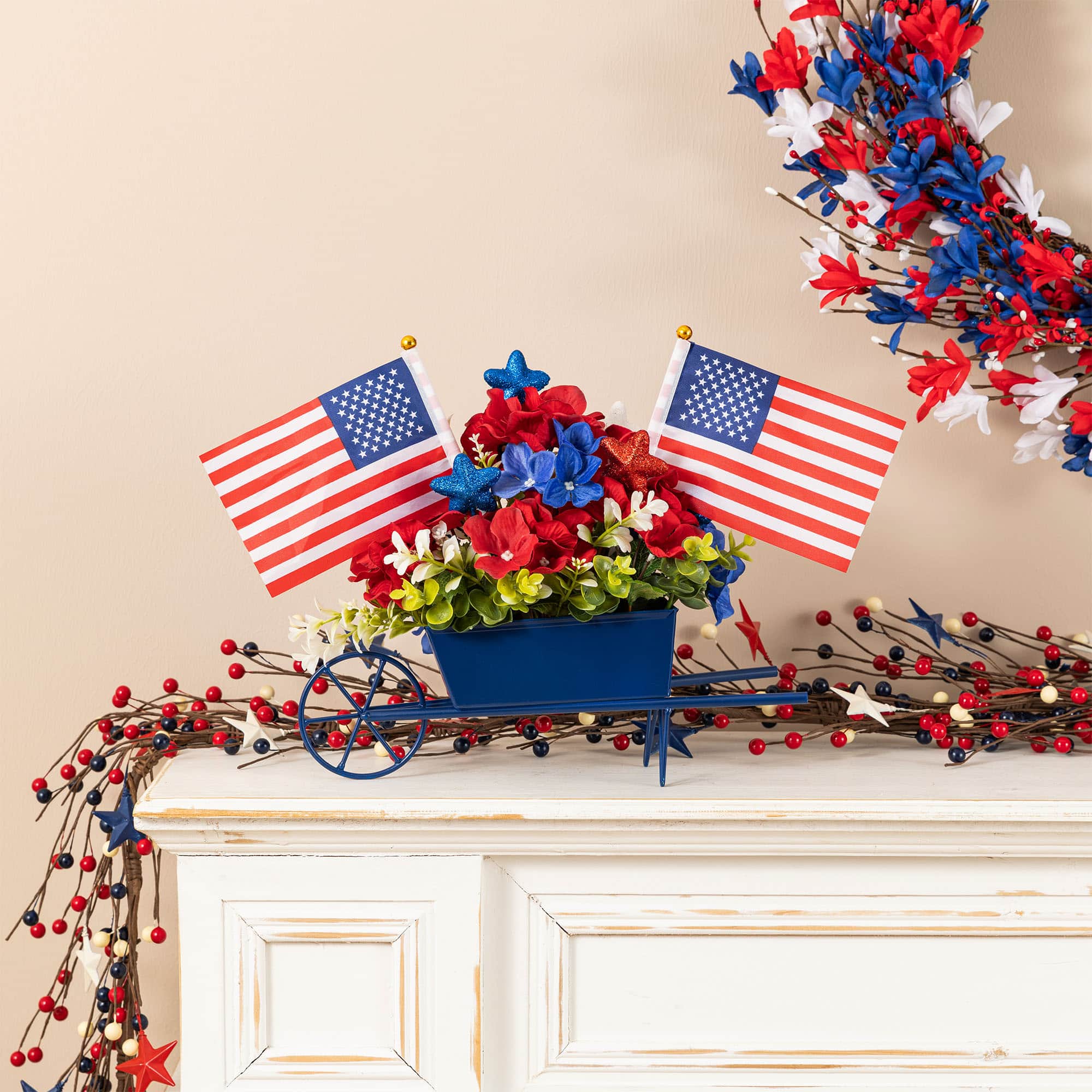 Glitzhome® 14" Patriotic Americana Hydrangea Metal Wagon Centerpiece