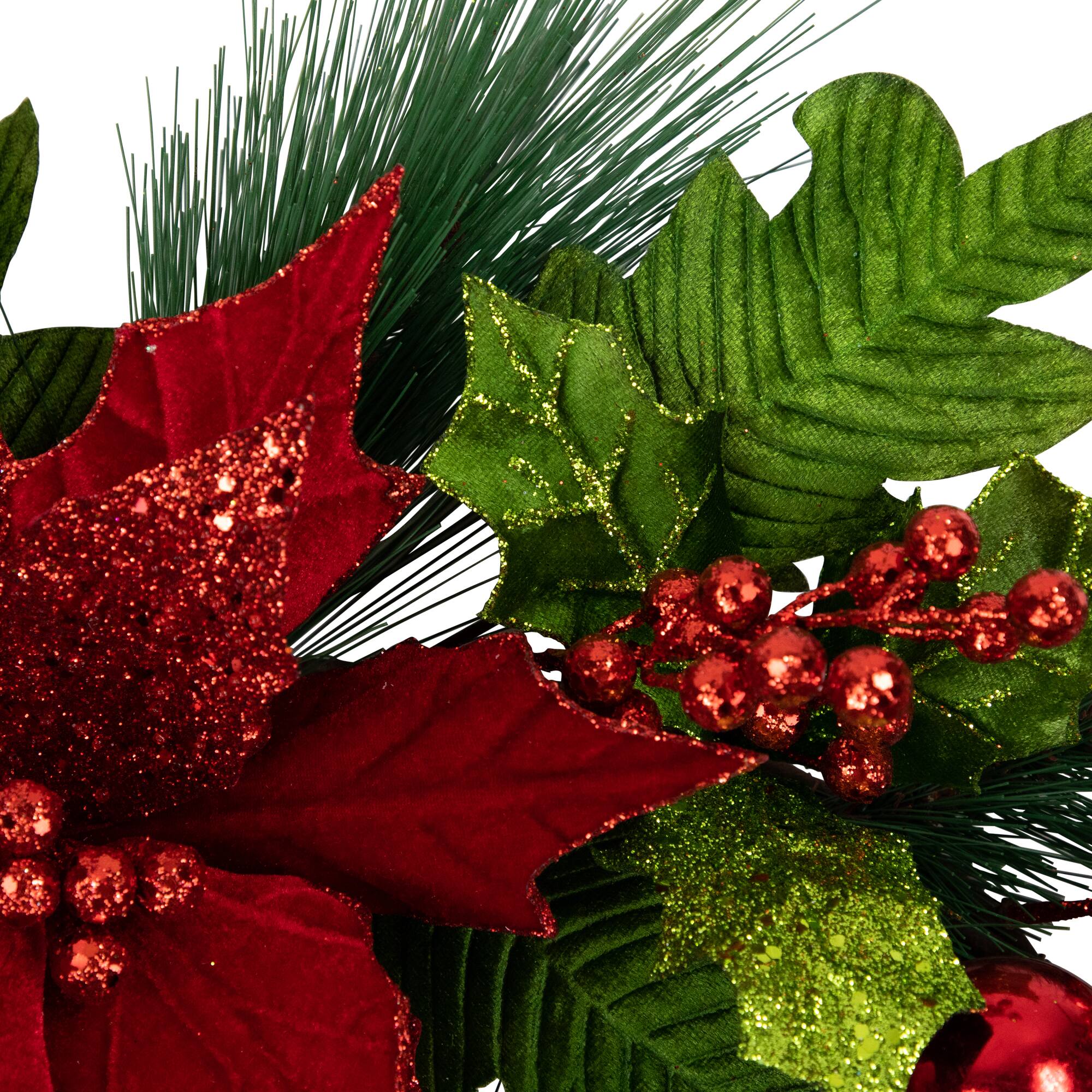 24" Red Glittered Poinsettia & Long Pine Christmas Wreath