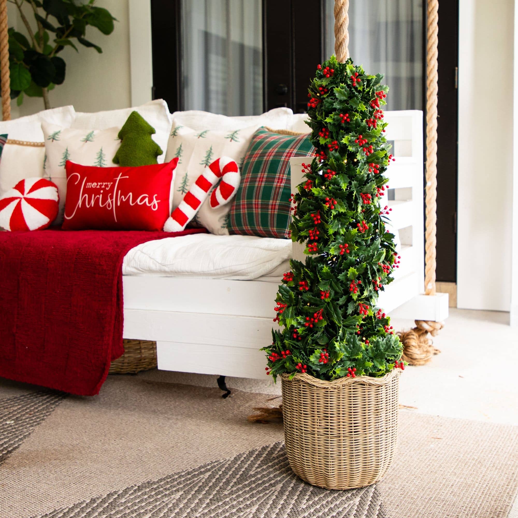 Nearly Natural 3ft. Pre-Lit UV Resistant Artificial Holly Berry Christmas Spiral Tree, Warm White Lights