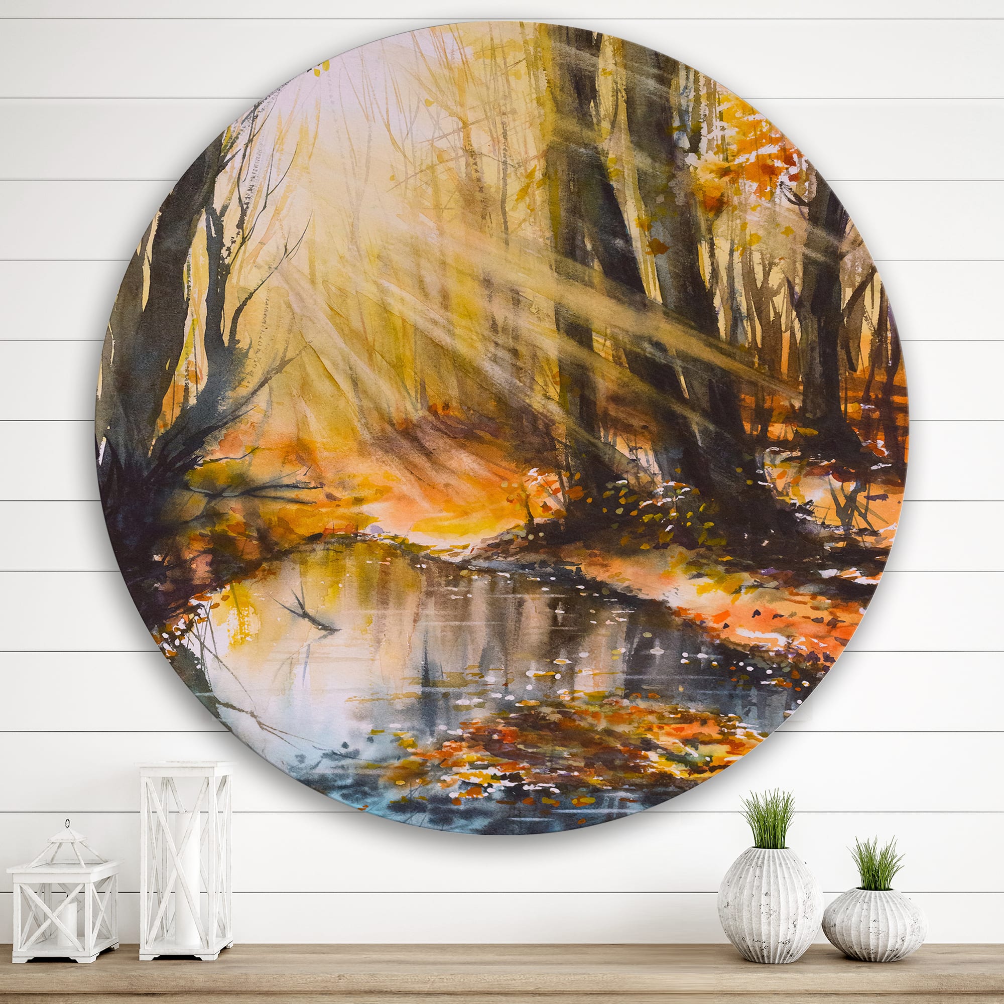 Designart - Bright Sunshine Through The Forest Trees III - Lake House Metal Circle Wall Art