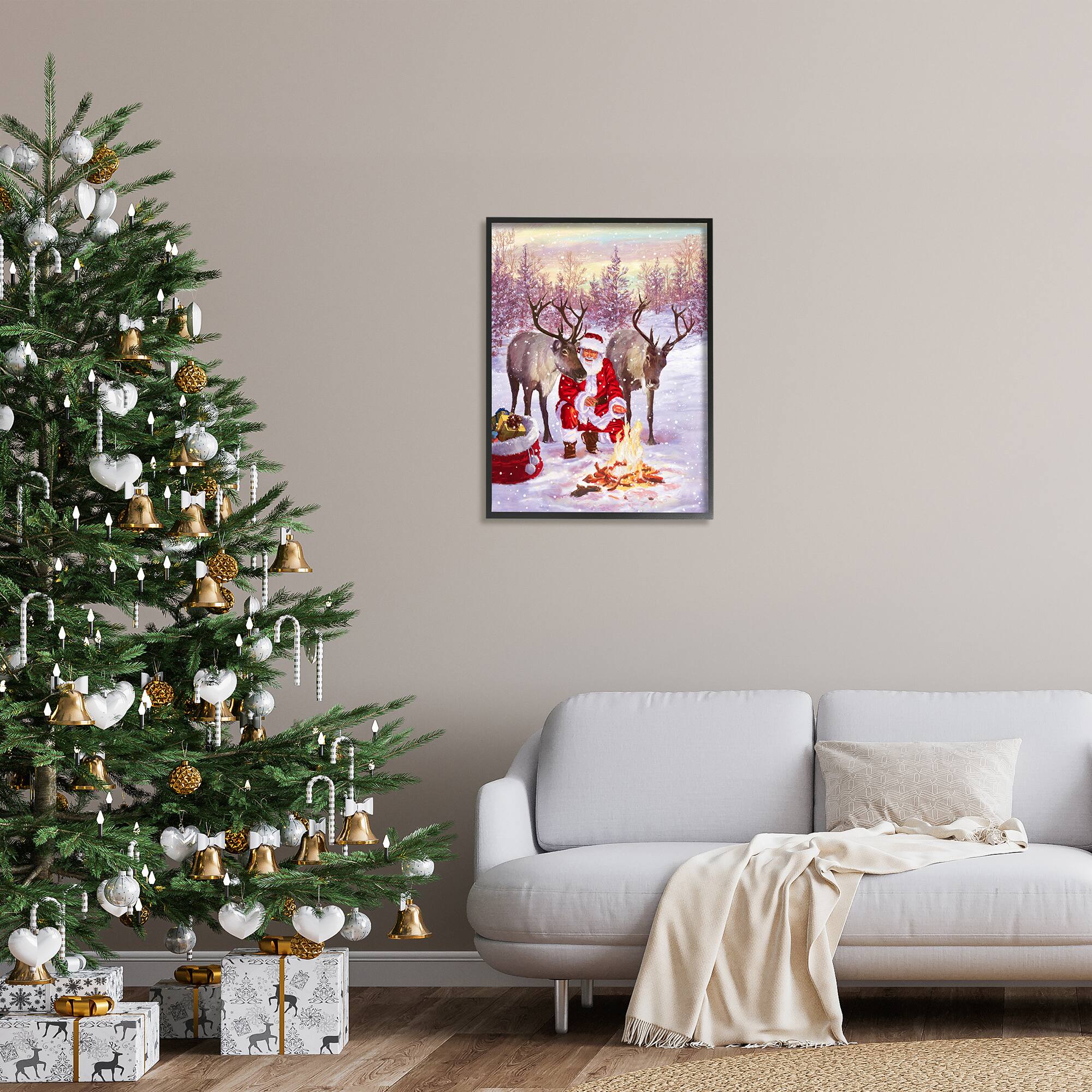 Stupell Industries Santa & Reindeer Bonfire Scene Framed Giclee Art
