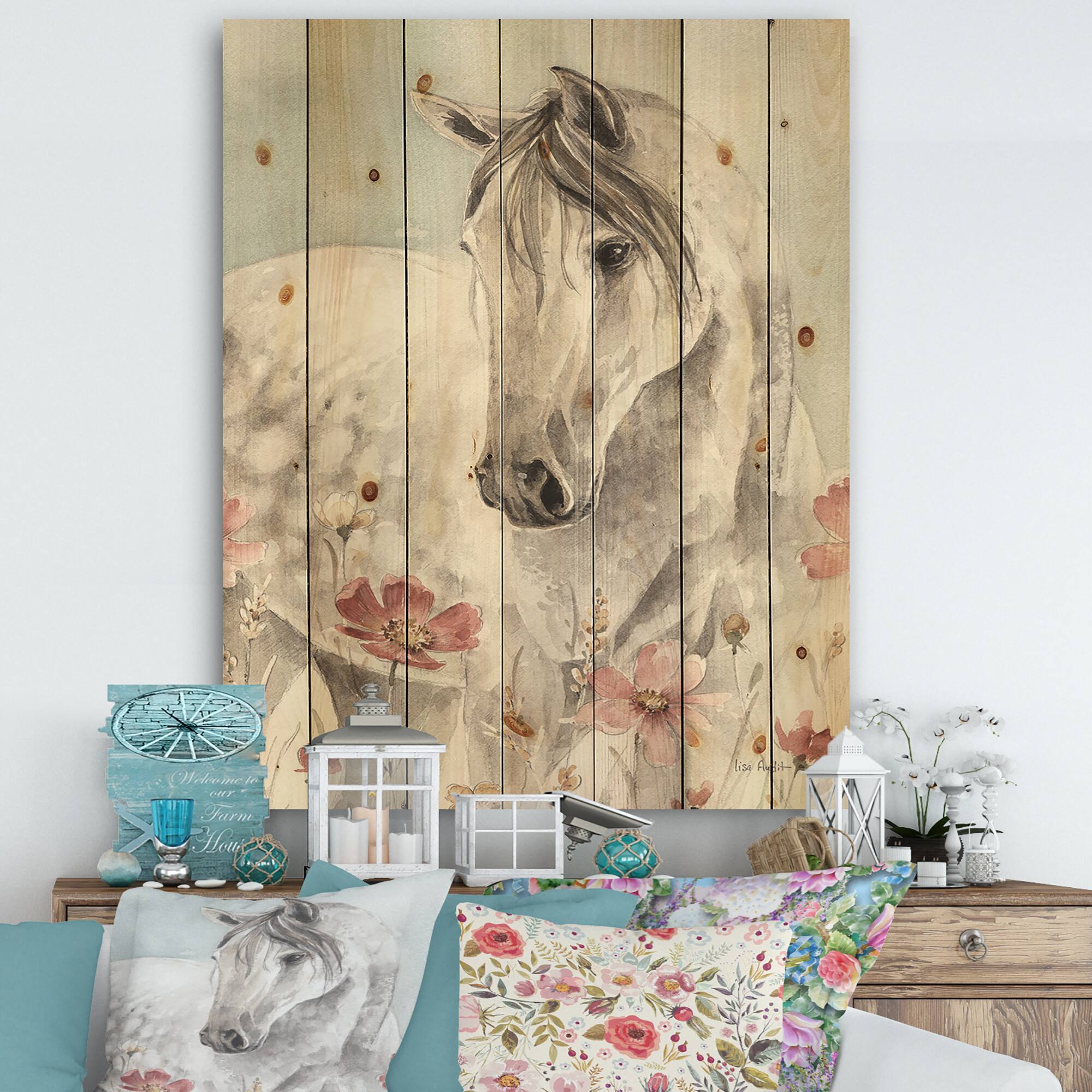 Designart - watercolors Pink Wild Horses II - Farmhouse Print on Natural Pine Wood