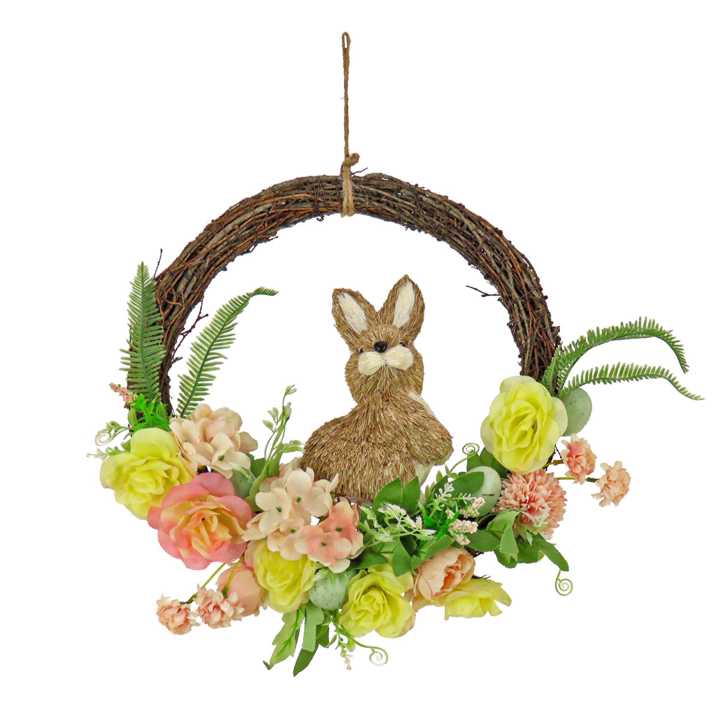 16" Bunny & Rose Flowers Hanging Wreath