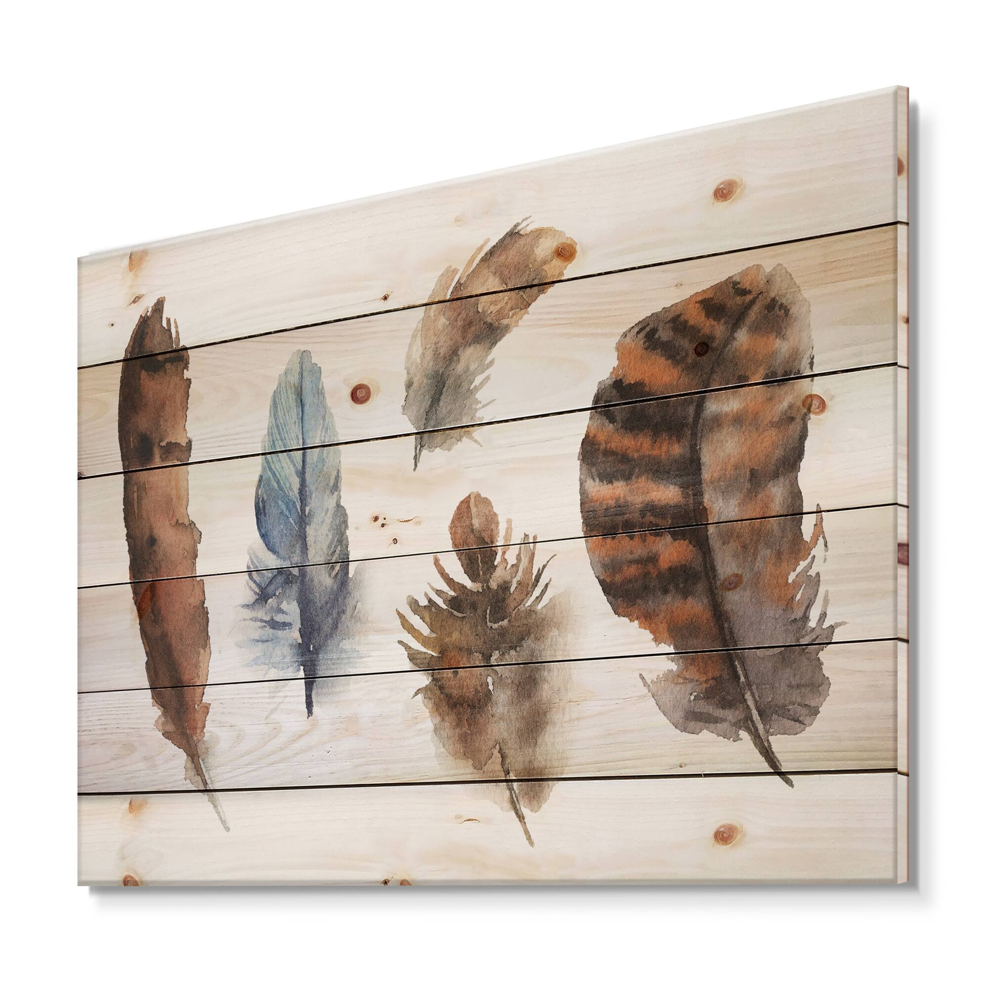 Designart - Ethnic Boho Feathers In Earth Tones - Bohemian & Eclectic Print on Natural Pine Wood