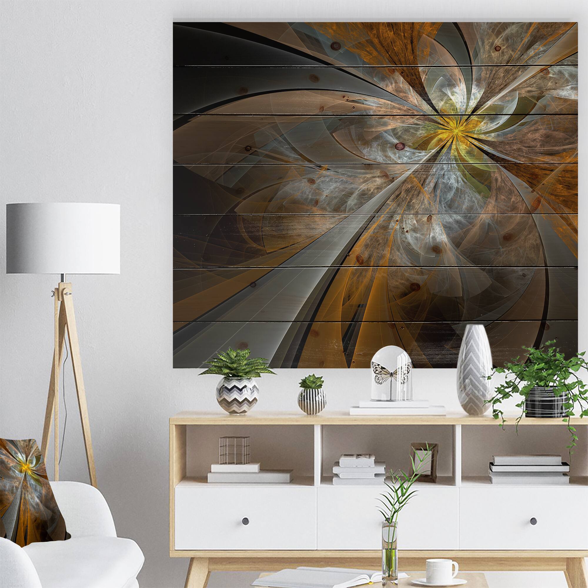 Designart - Symmetrical Yellow Fractal Flower - Abstract Print on Natural Pine Wood