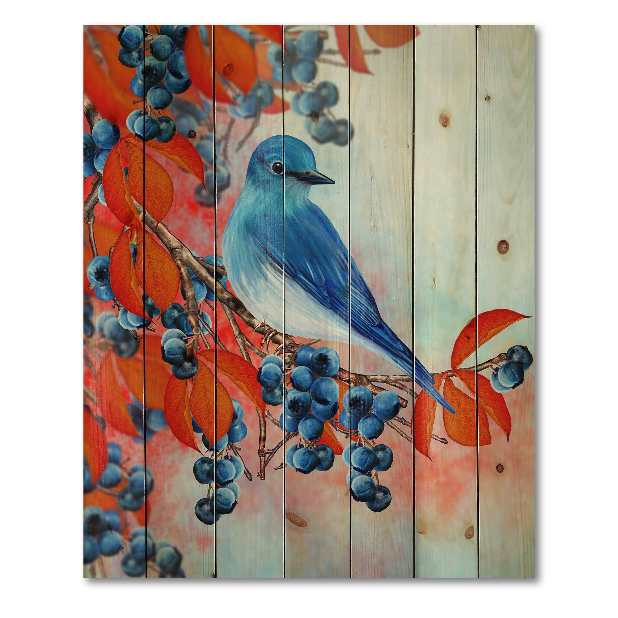 Designart - Bright Bird Bullfinch Sitting On A Branch III - Traditional Print on Natural Pine Wood