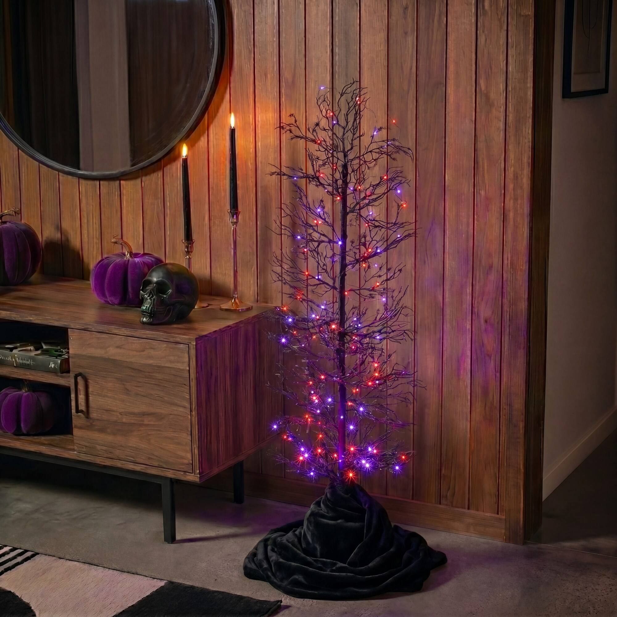 4ft. Pre-Lit Artificial Halloween Spider Twig Tree with 100 Orange & Purple LED Lights