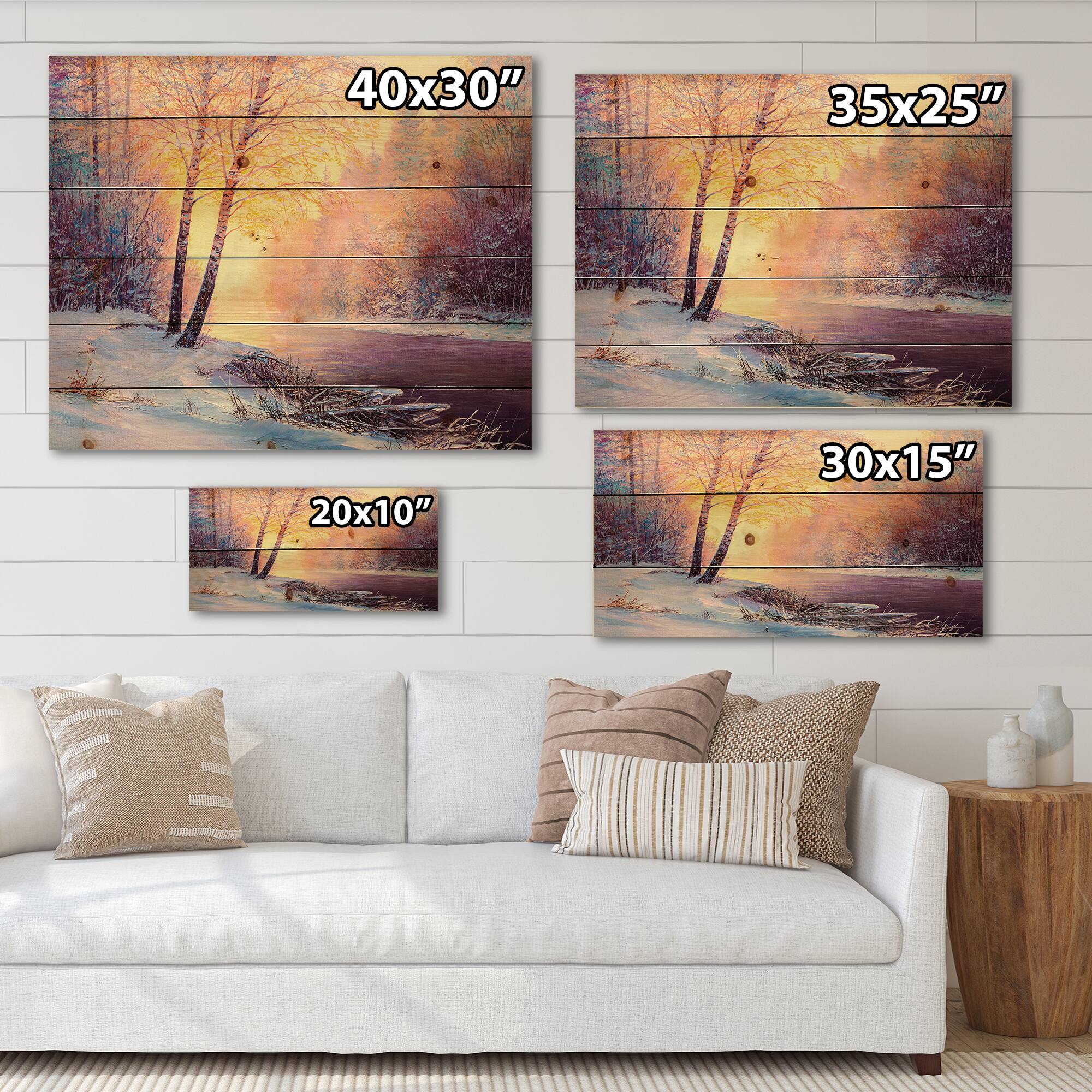 Designart - Winter Scenery With Bridge Of Meandering River II - Lake House Print on Natural Pine Wood
